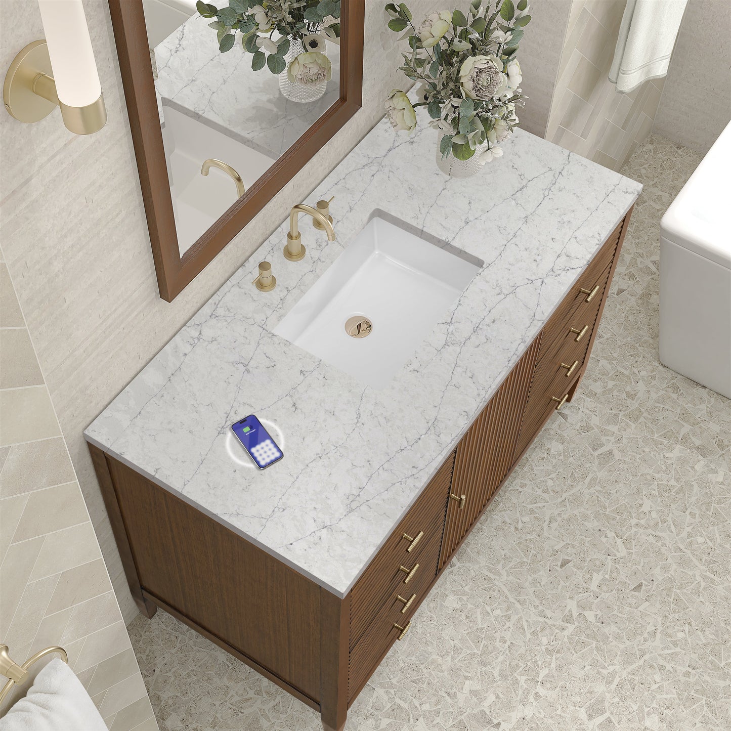 
                  
                    Myrrin 48" Single Vanity in Mid-Century Walnut Single Bathroom Vanity James Martin Vanities FreePower-Enabled Eternal Jasmine Pearl Silestone 
                  
                