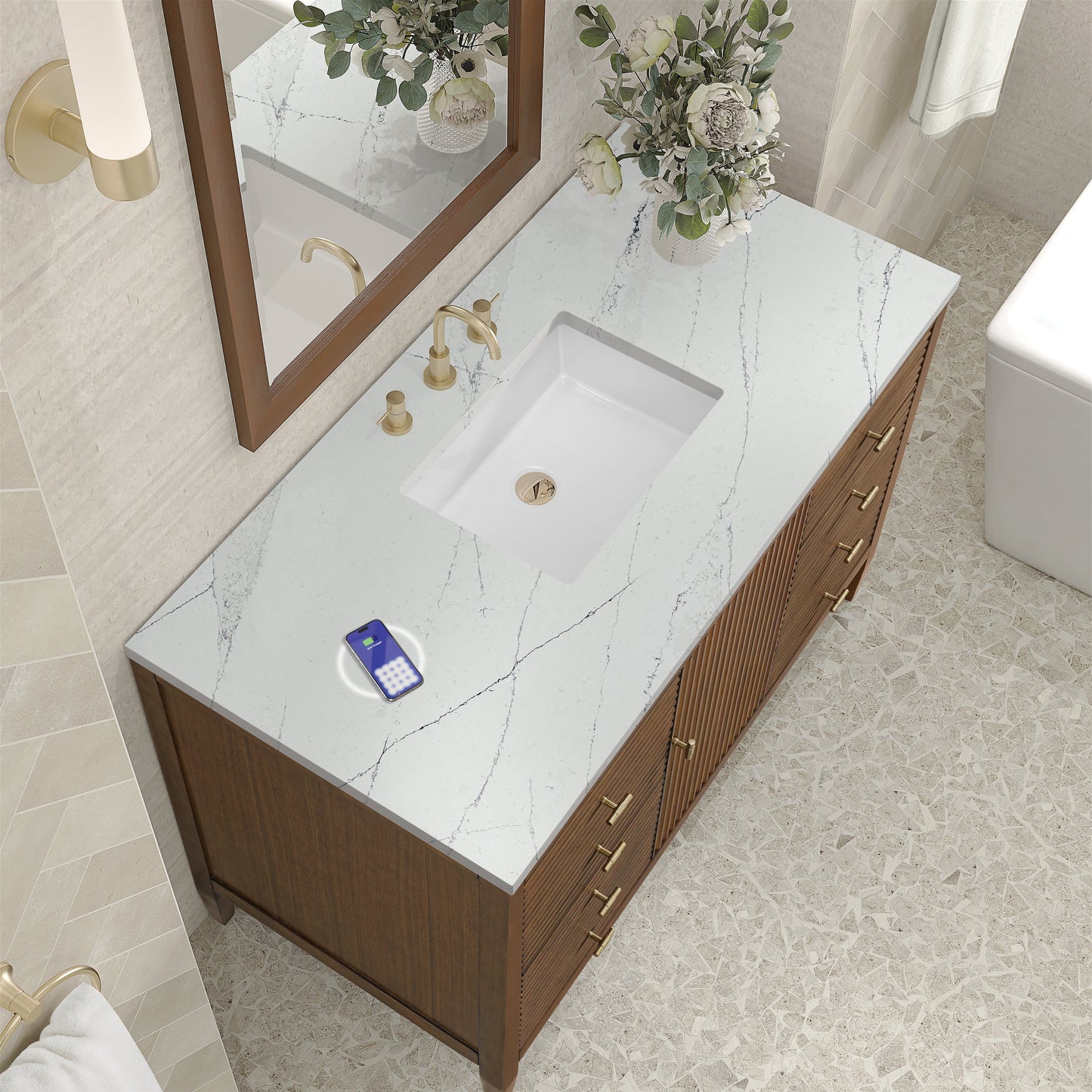 
                  
                    Myrrin 48" Single Vanity in Mid-Century Walnut Single Bathroom Vanity James Martin Vanities FreePower-Enabled Ethereal Noctis Silestone 
                  
                