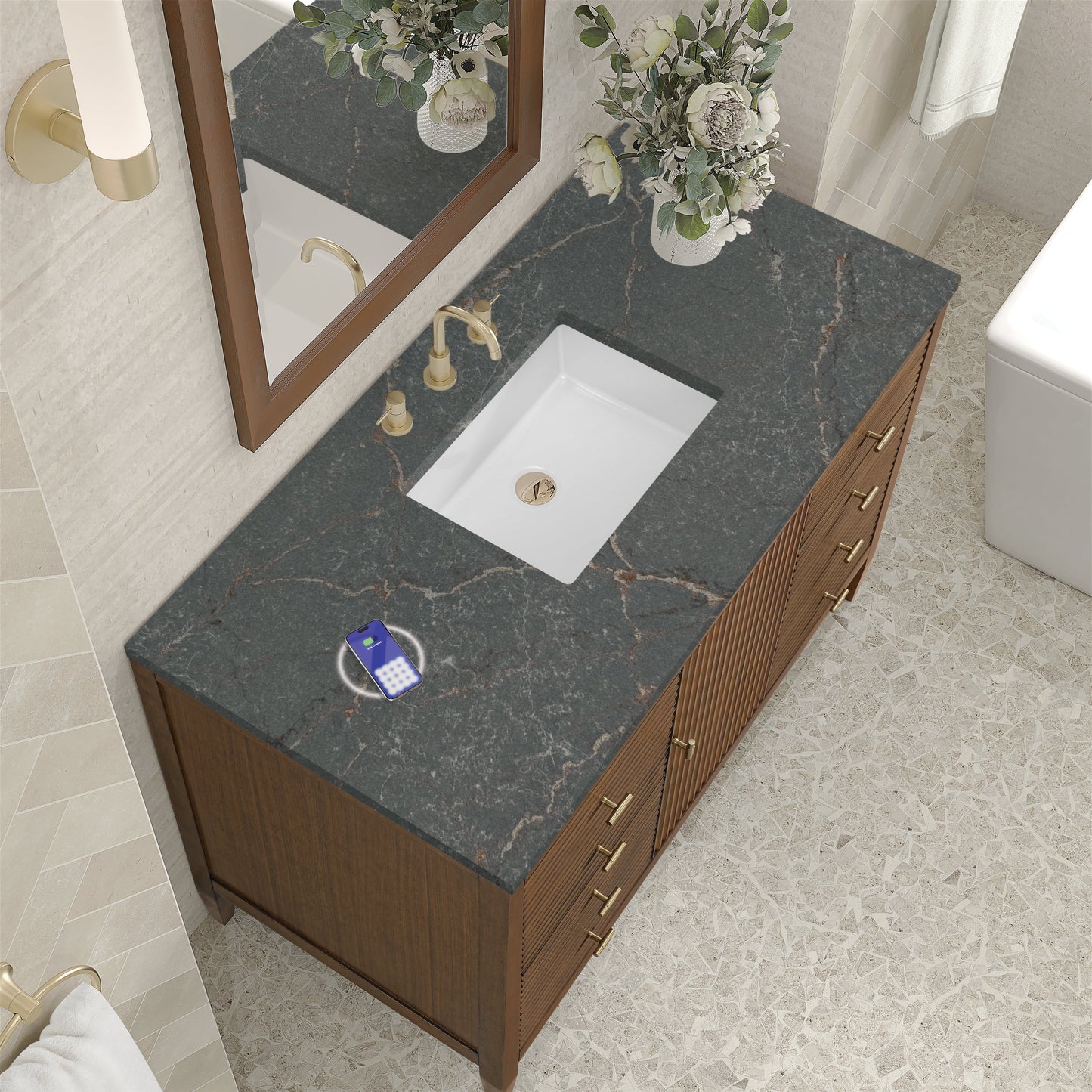 
                  
                    Myrrin 48" Single Vanity in Mid-Century Walnut Single Bathroom Vanity James Martin Vanities FreePower-Enabled Parisien Bleu Silestone 
                  
                