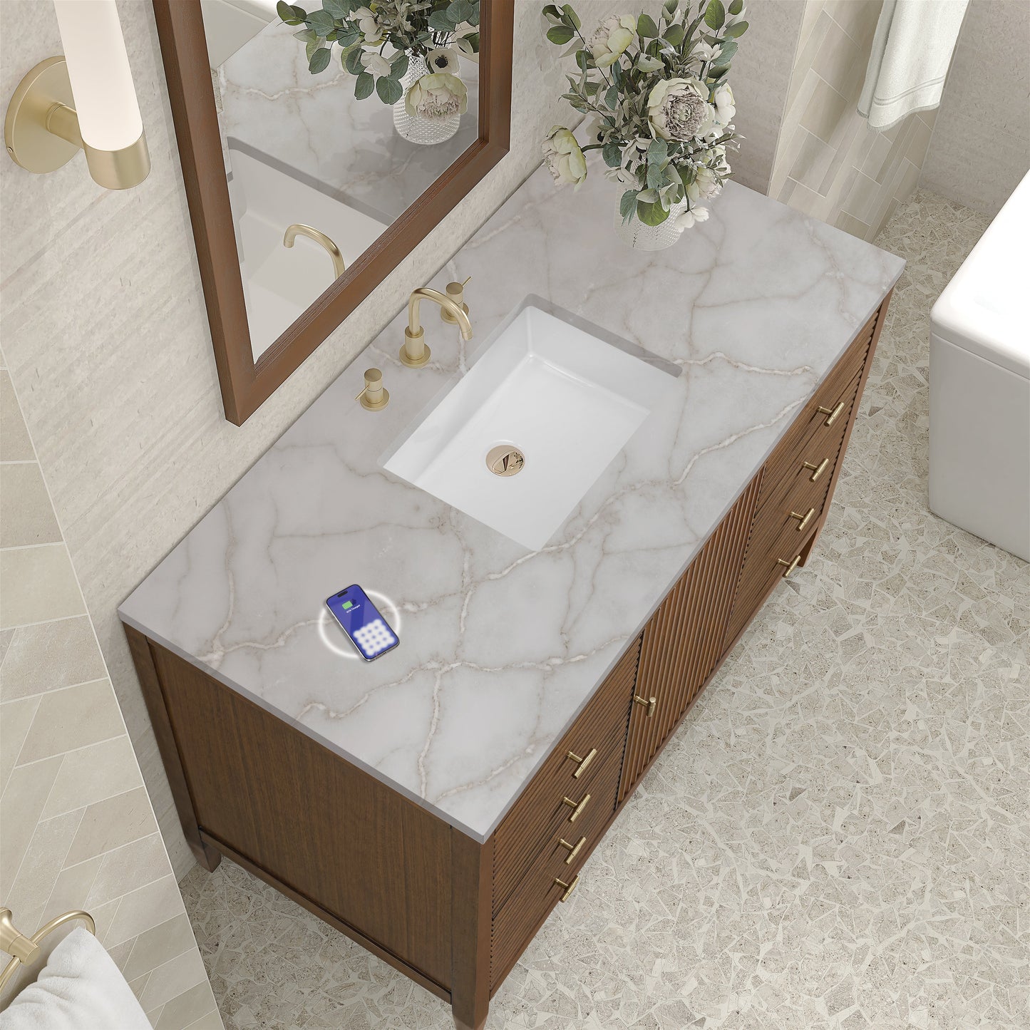 
                  
                    Myrrin 48" Single Vanity in Mid-Century Walnut Single Bathroom Vanity James Martin Vanities FreePower-Enabled Victorian Silver Silestone 
                  
                