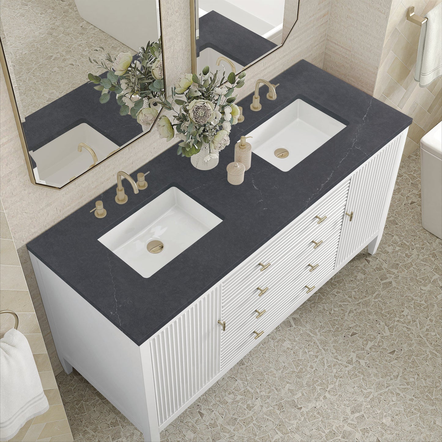
                  
                    Myrrin 60" Double Vanity in Bright White Double bathroom Vanity James Martin Vanities Charcoal Soapstone Silestone 
                  
                