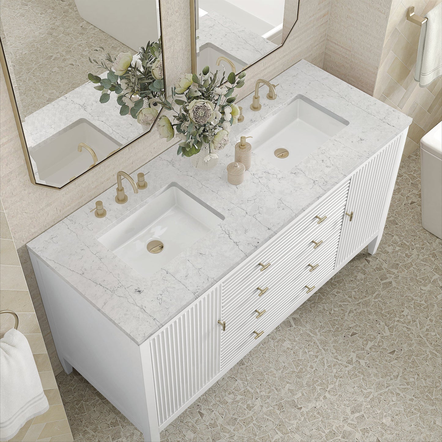 
                  
                    Myrrin 60" Double Vanity in Bright White Double bathroom Vanity James Martin Vanities Eternal Jasmine Pearl Silestone 
                  
                