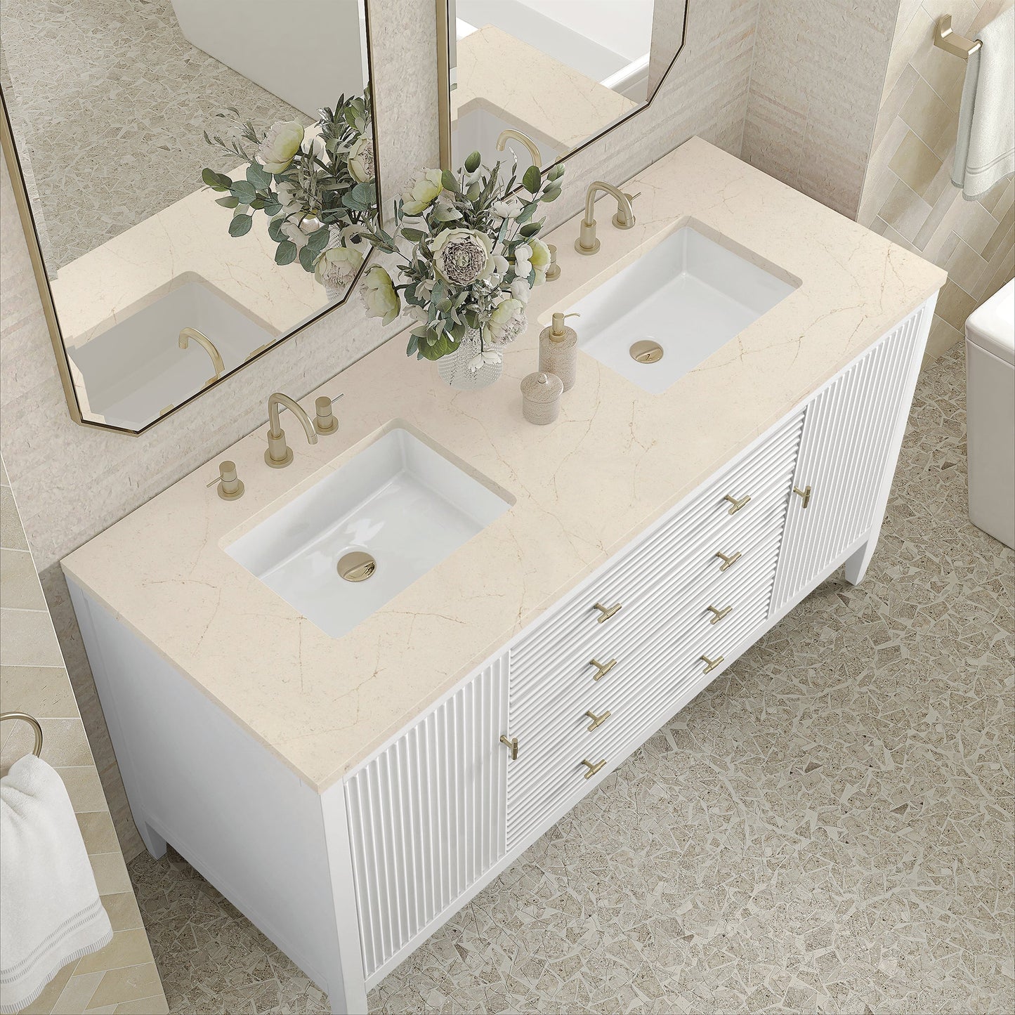
                  
                    Myrrin 60" Double Vanity in Bright White Double bathroom Vanity James Martin Vanities Eternal Marfil Silestone 
                  
                