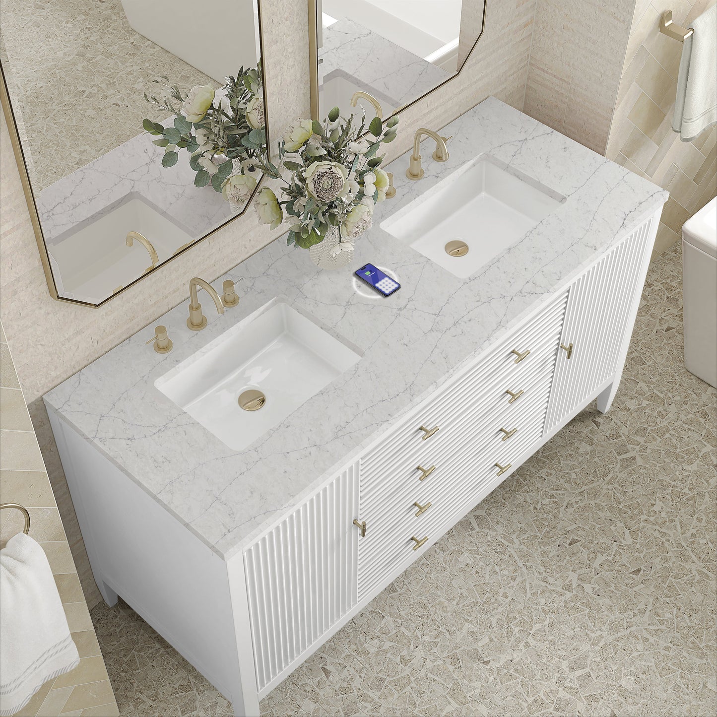 
                  
                    Myrrin 60" Double Vanity in Bright White Double bathroom Vanity James Martin Vanities FreePower-Enabled Eternal Jasmine Pearl Silestone 
                  
                