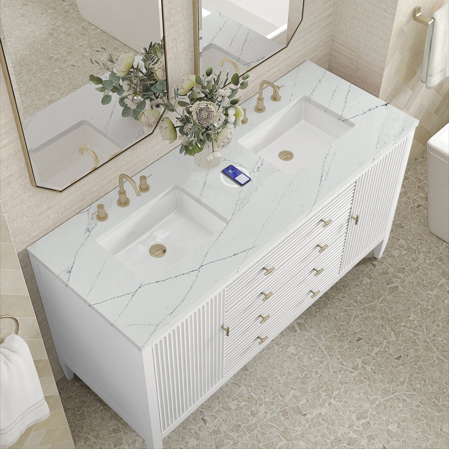 
                  
                    Myrrin 60" Double Vanity in Bright White Double bathroom Vanity James Martin Vanities FreePower-Enabled Ethereal Noctis Silestone 
                  
                
