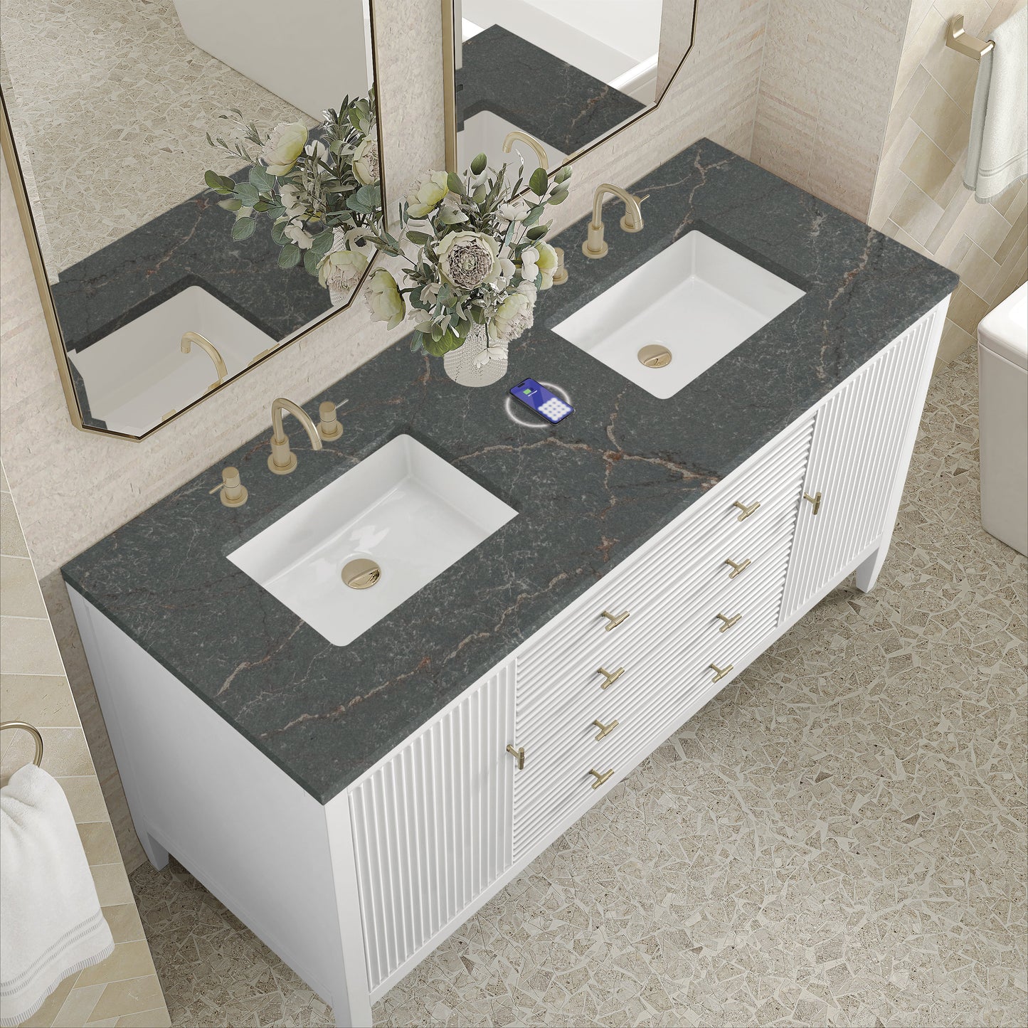 
                  
                    Myrrin 60" Double Vanity in Bright White Double bathroom Vanity James Martin Vanities FreePower-Enabled Parisien Bleu Silestone 
                  
                