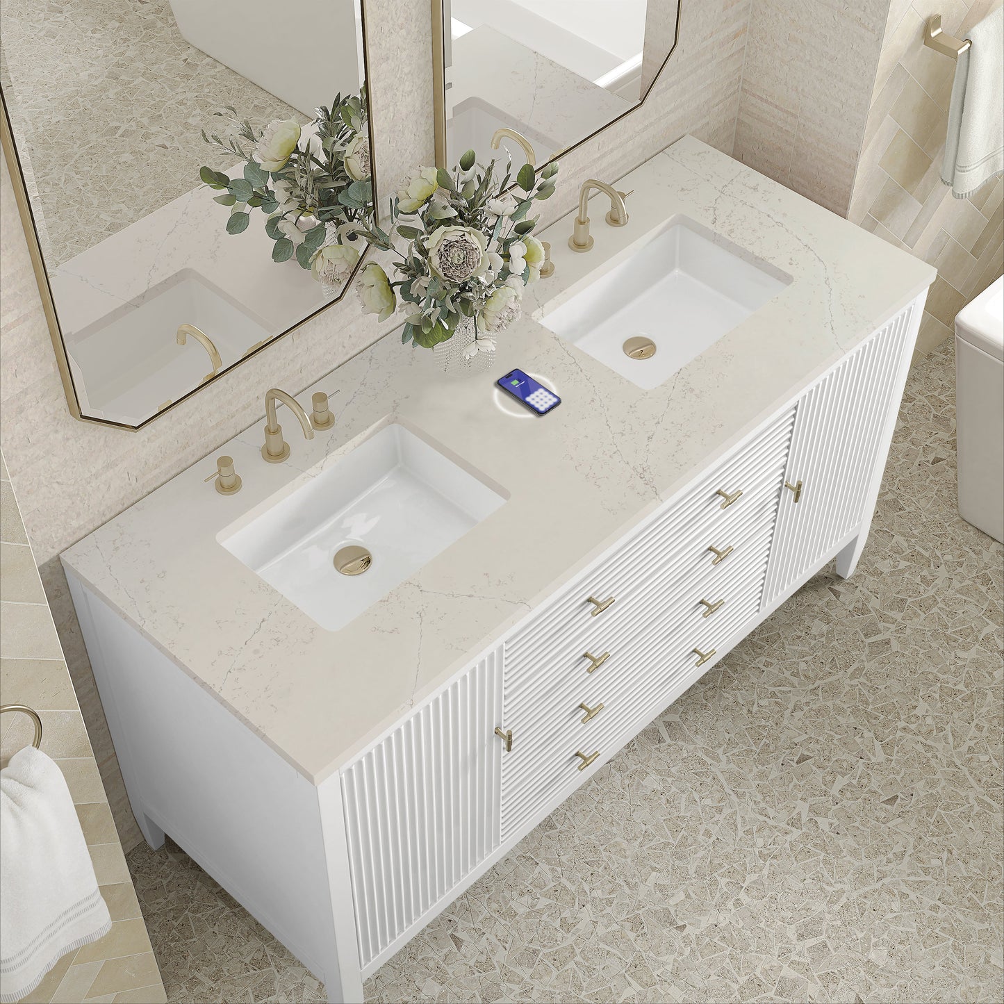 
                  
                    Myrrin 60" Double Vanity in Bright White Double bathroom Vanity James Martin Vanities FreePower-Enabled Siberian Silestone 
                  
                