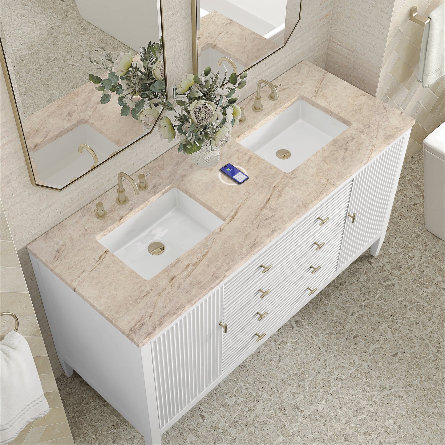 
                  
                    Myrrin 60" Double Vanity in Bright White Double bathroom Vanity James Martin Vanities FreePower-Enabled Tajnar Eclos 
                  
                