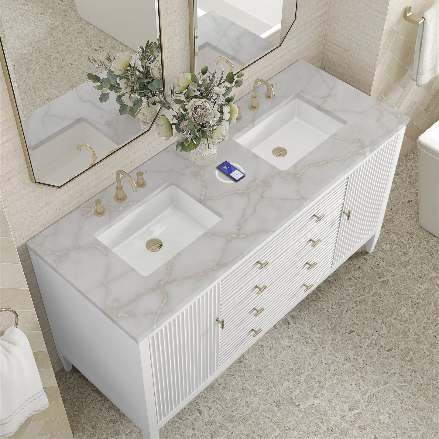 
                  
                    Myrrin 60" Double Vanity in Bright White Double bathroom Vanity James Martin Vanities FreePower-Enabled Victorian Silver Silestone 
                  
                