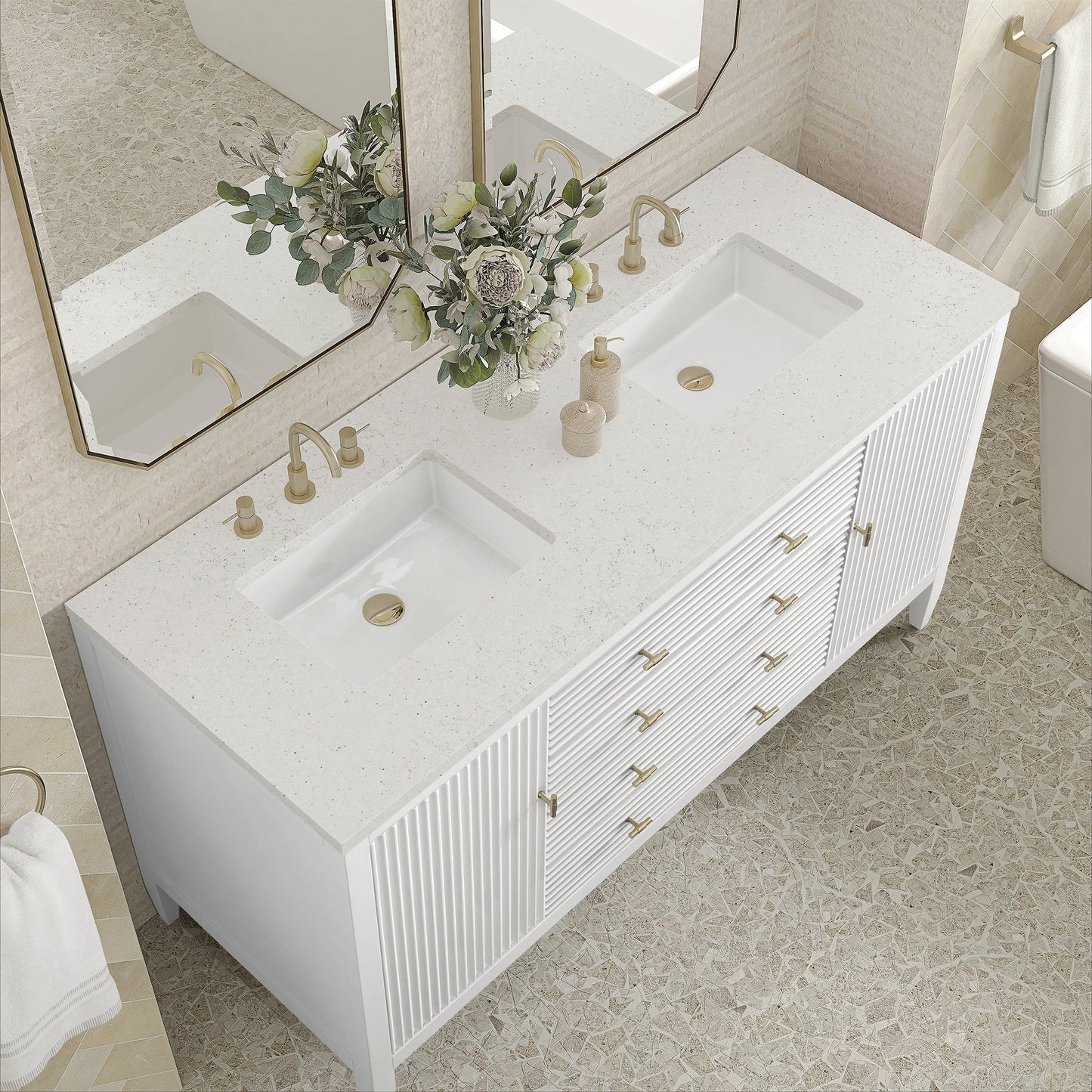 
                  
                    Myrrin 60" Double Vanity in Bright White Double bathroom Vanity James Martin Vanities Lime Delight Silestone 
                  
                