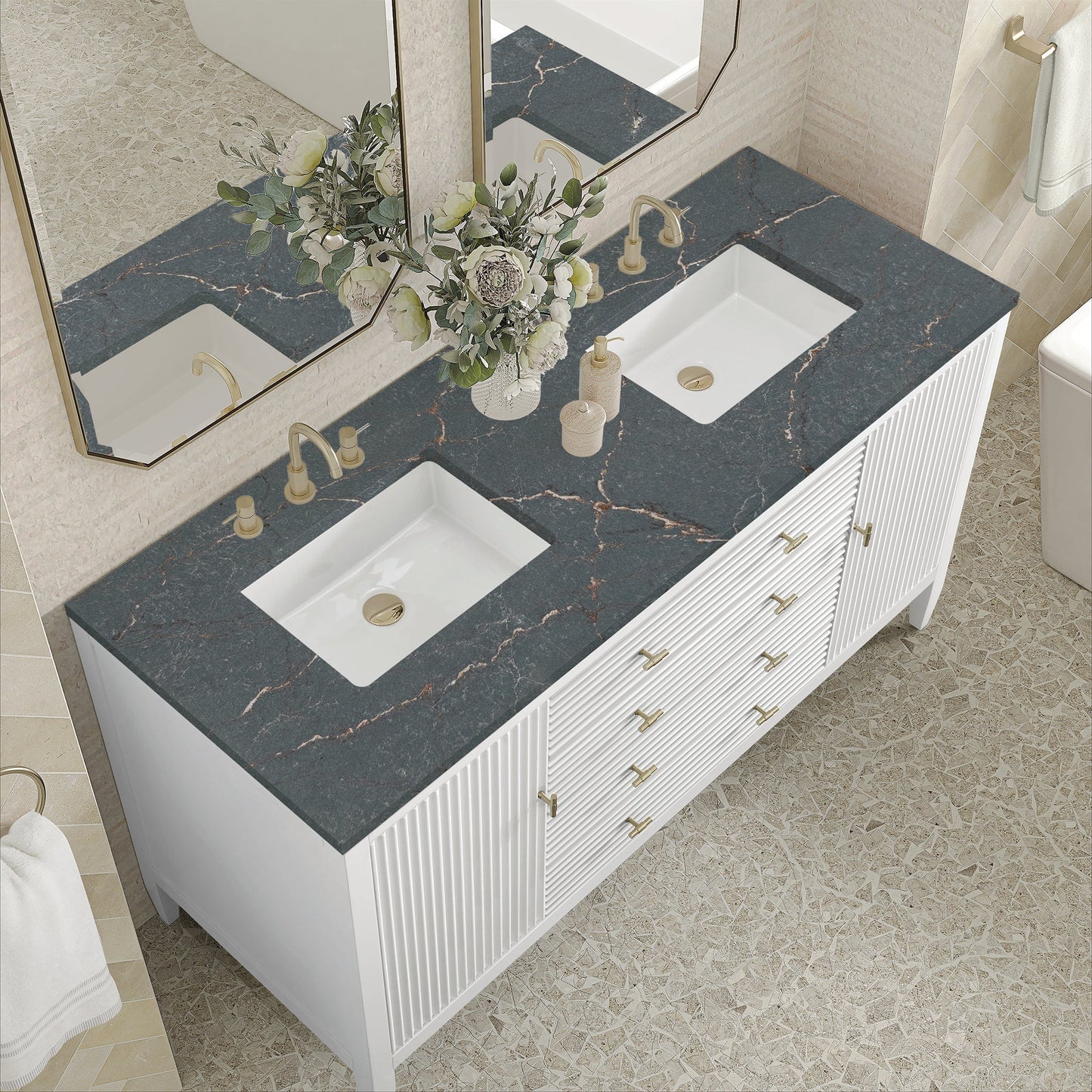 
                  
                    Myrrin 60" Double Vanity in Bright White Double bathroom Vanity James Martin Vanities Parisien Bleu Silestone 
                  
                