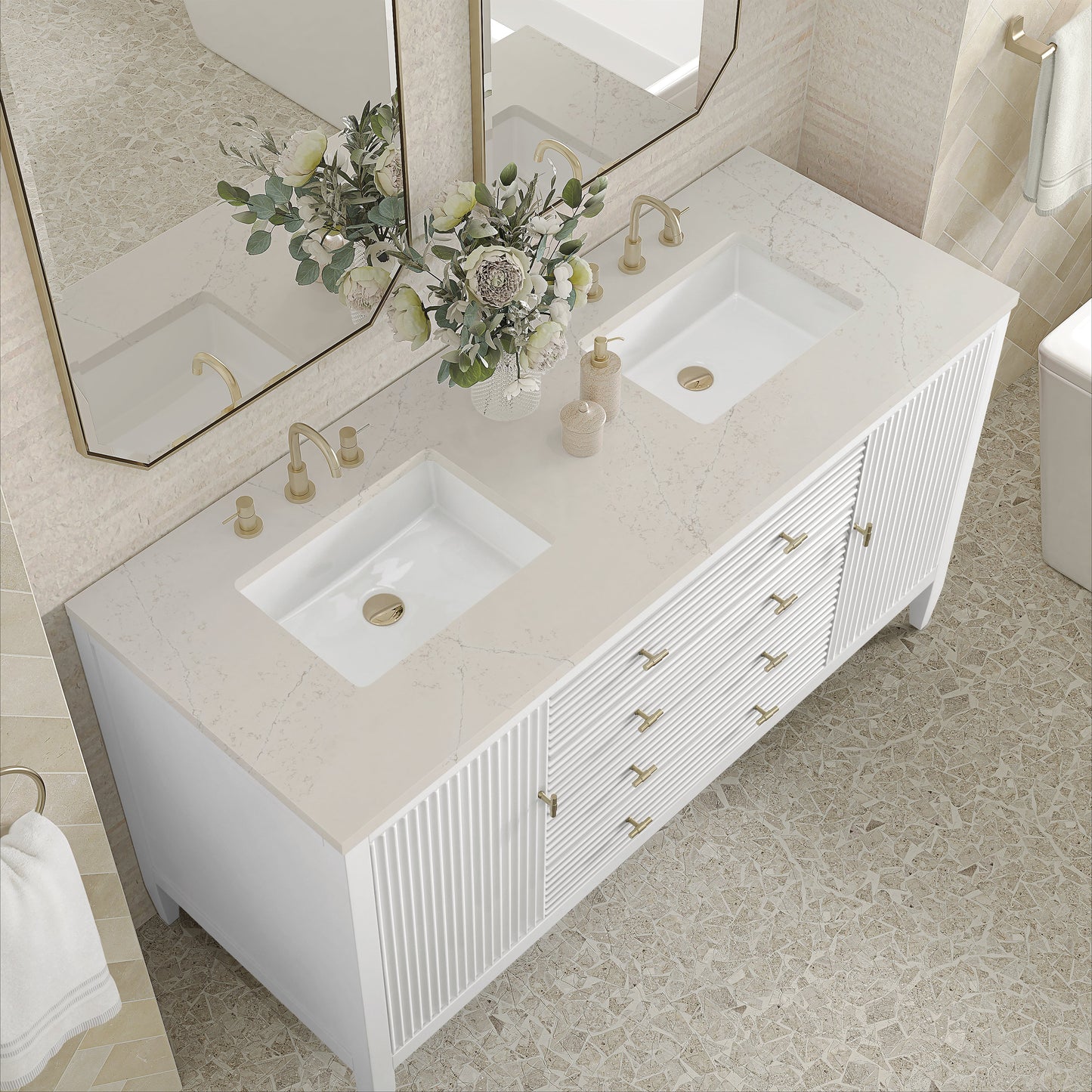 
                  
                    Myrrin 60" Double Vanity in Bright White Double bathroom Vanity James Martin Vanities Siberian Silestone 
                  
                