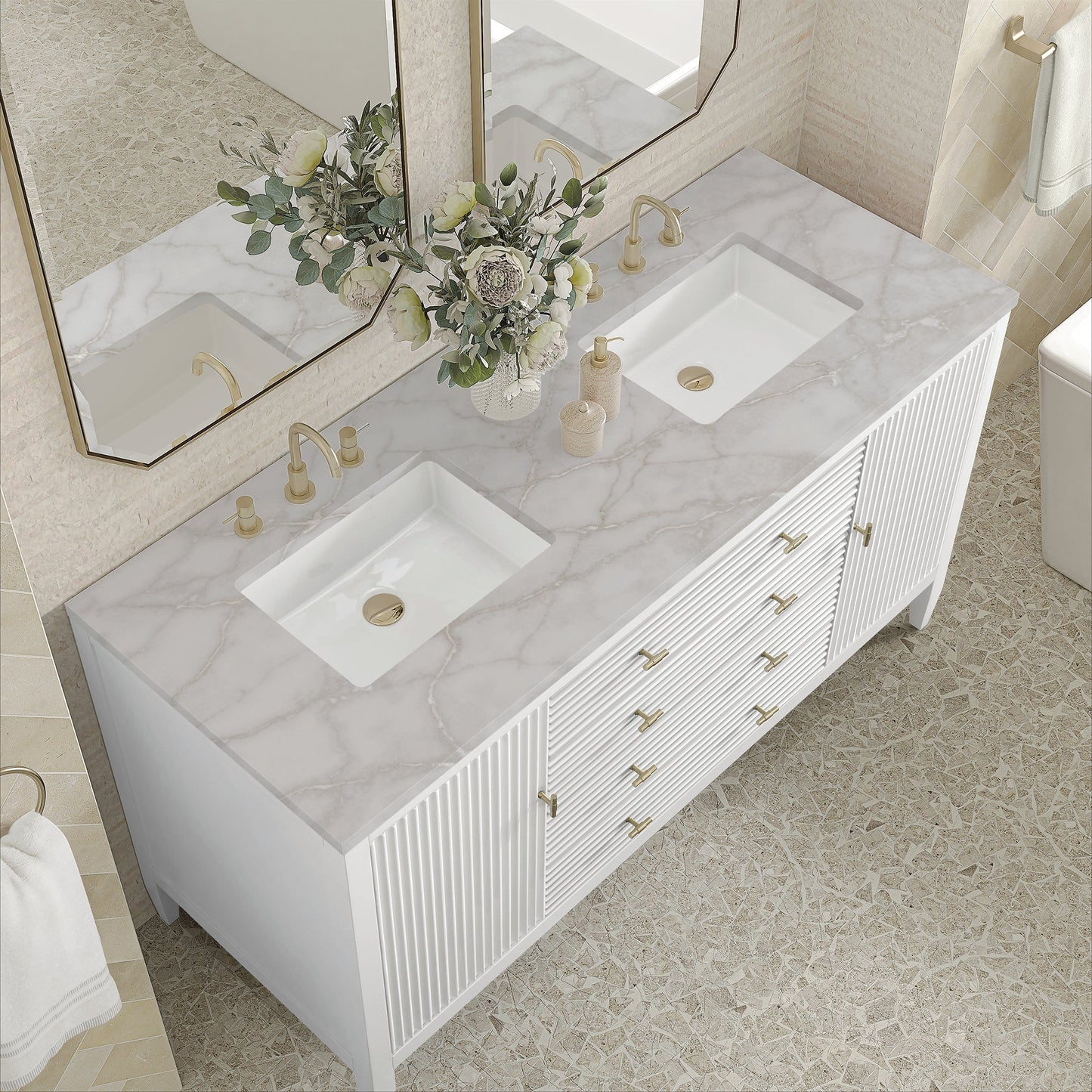 
                  
                    Myrrin 60" Double Vanity in Bright White Double bathroom Vanity James Martin Vanities Victorian Silver Silestone 
                  
                