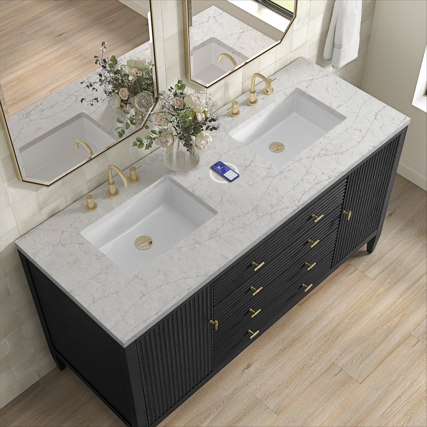 
                  
                    Myrrin 60" Double Vanity in Carbon Oak Double bathroom Vanity James Martin Vanities FreePower-Enabled Eternal Jasmine Pearl Silestone 
                  
                