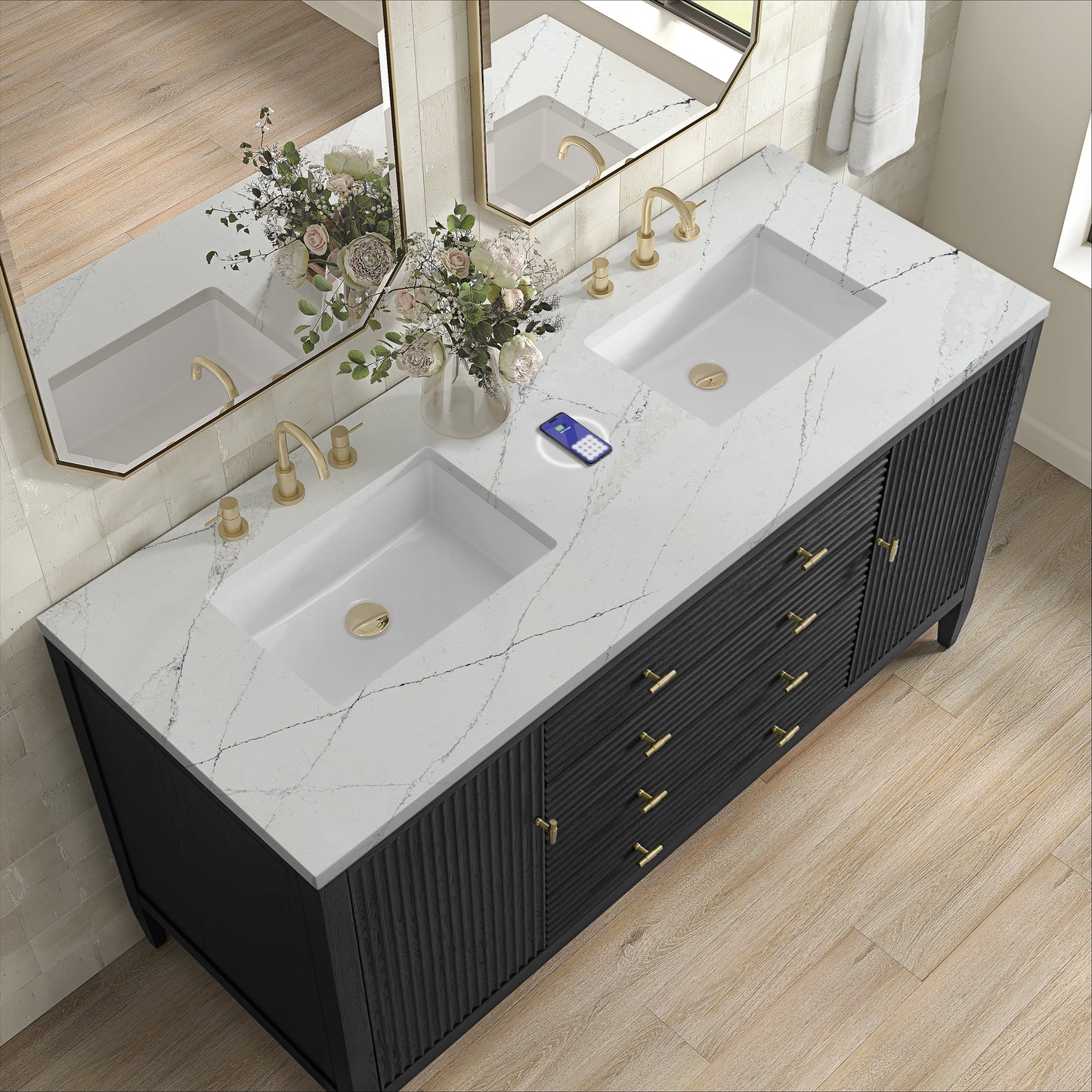 
                  
                    Myrrin 60" Double Vanity in Carbon Oak Double bathroom Vanity James Martin Vanities FreePower-Enabled Ethereal Noctis Silestone 
                  
                