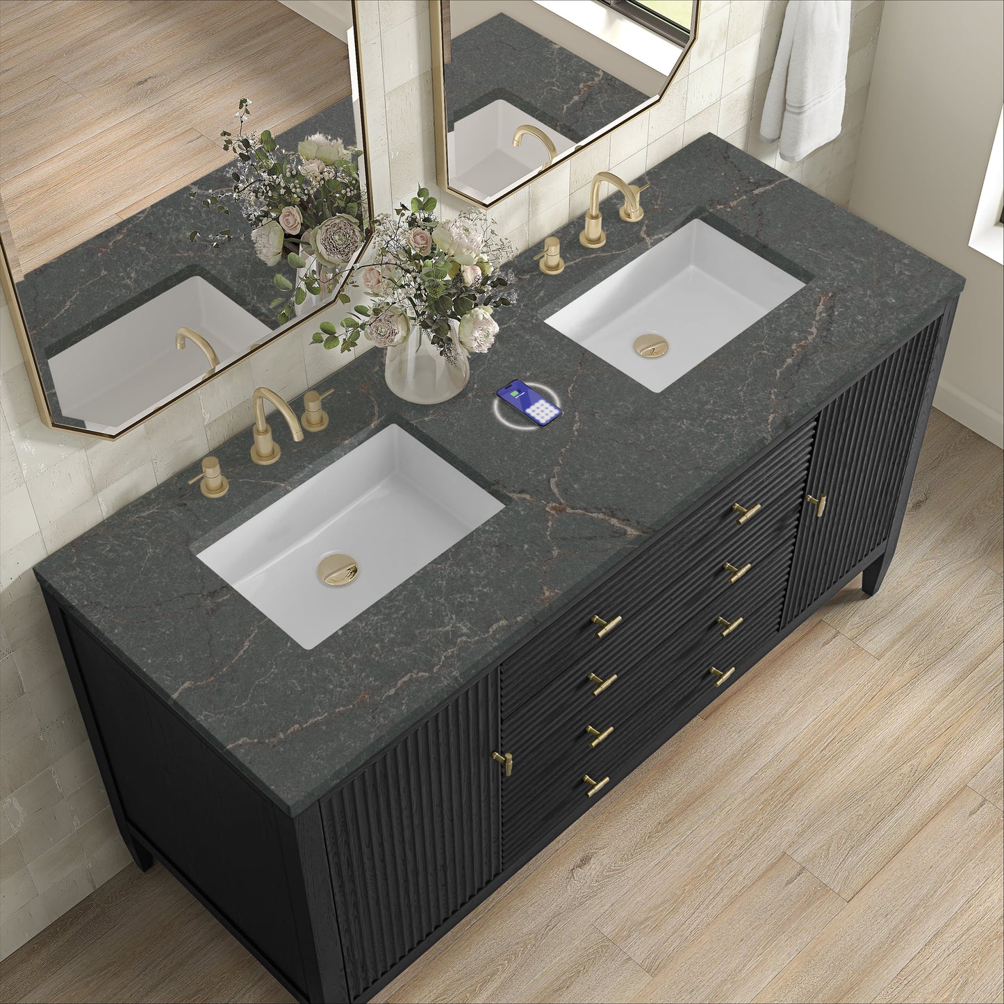 
                  
                    Myrrin 60" Double Vanity in Carbon Oak Double bathroom Vanity James Martin Vanities FreePower-Enabled Parisien Bleu Silestone 
                  
                