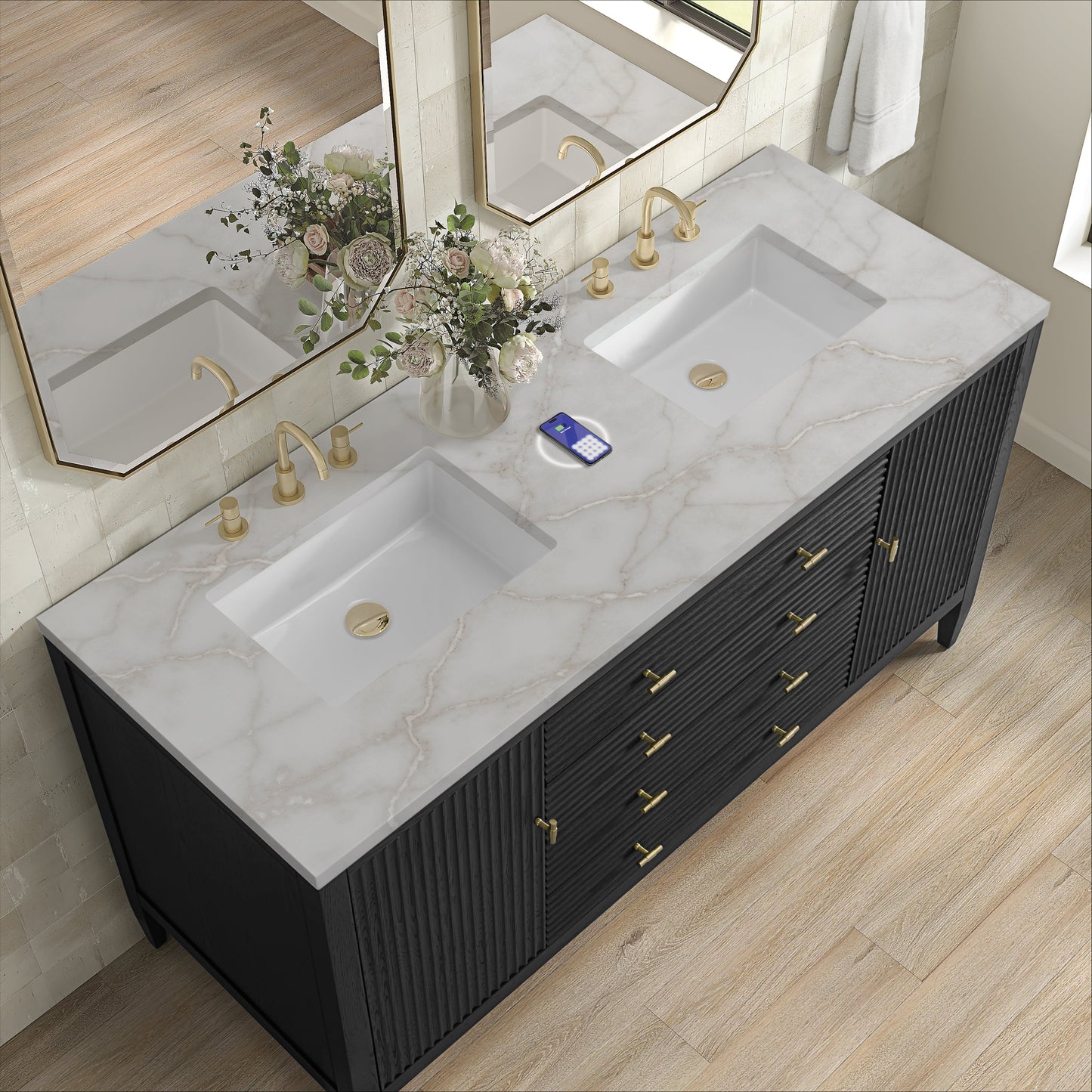 
                  
                    Myrrin 60" Double Vanity in Carbon Oak Double bathroom Vanity James Martin Vanities FreePower-Enabled Victorian Silver Silestone 
                  
                