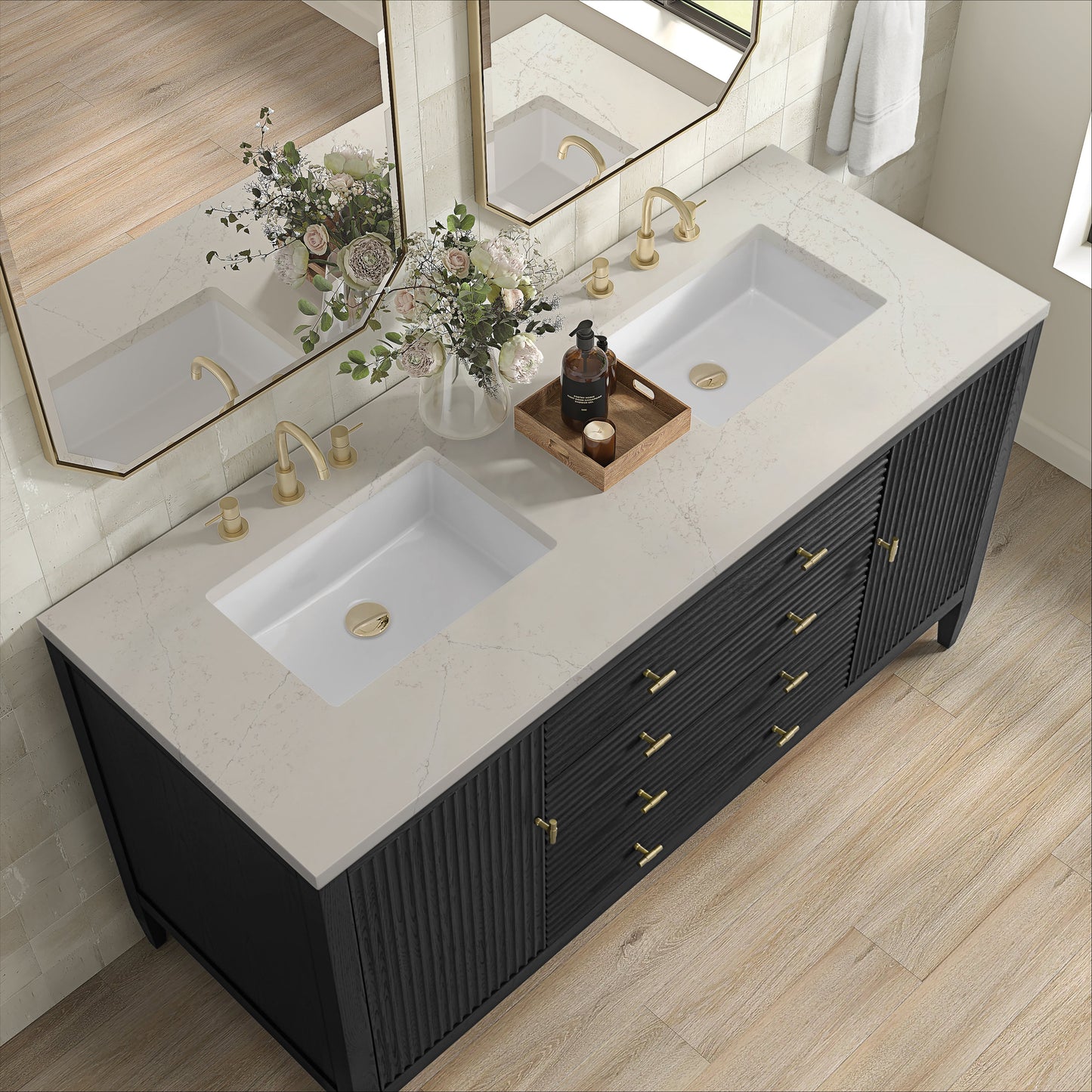 
                  
                    Myrrin 60" Double Vanity in Carbon Oak Double bathroom Vanity James Martin Vanities Siberian Silestone 
                  
                