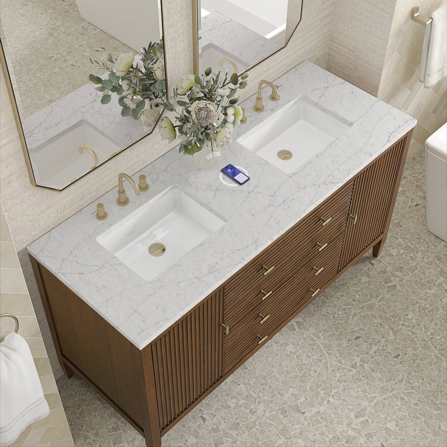 
                  
                    Myrrin 60" Double Vanity in Mid-Century Walnut Double bathroom Vanity James Martin Vanities FreePower-Enabled Eternal Jasmine Pearl Silestone 
                  
                