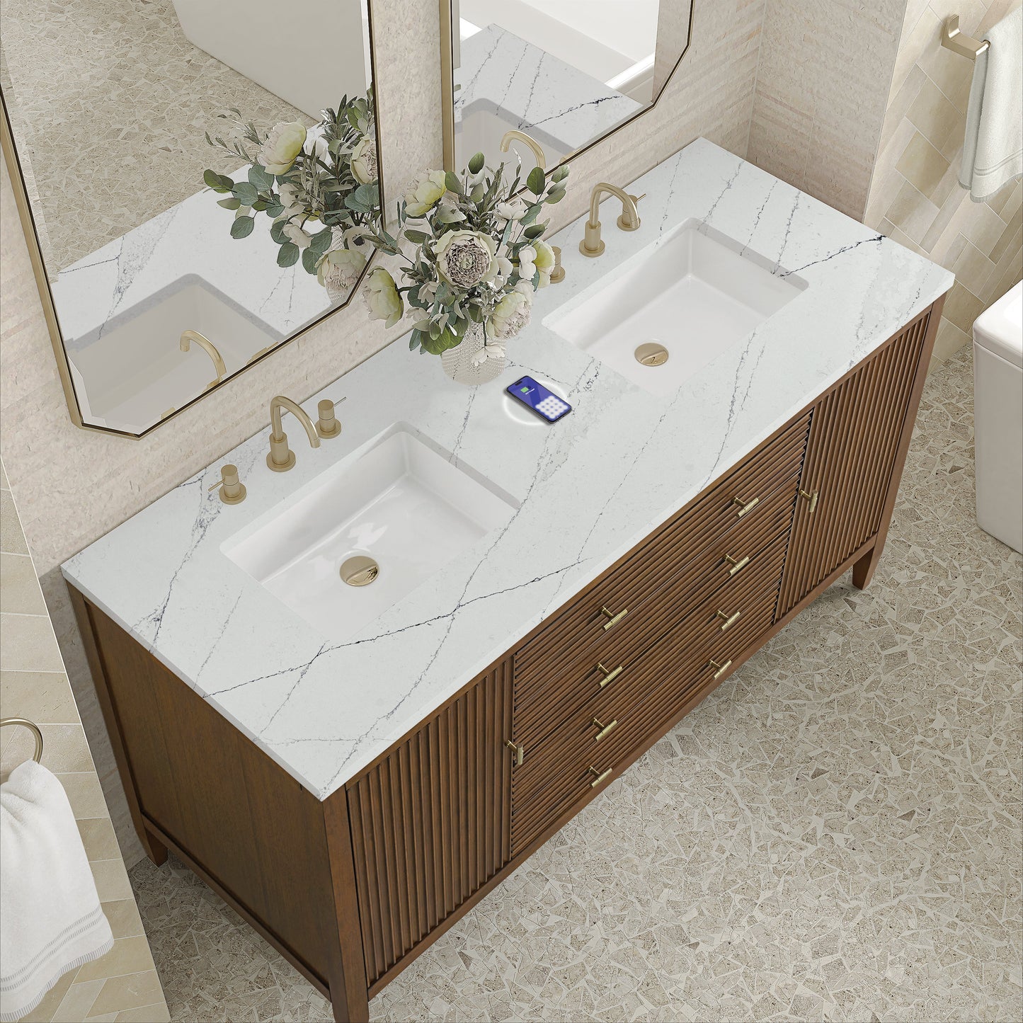 
                  
                    Myrrin 60" Double Vanity in Mid-Century Walnut Double bathroom Vanity James Martin Vanities FreePower-Enabled Ethereal Noctis Silestone 
                  
                