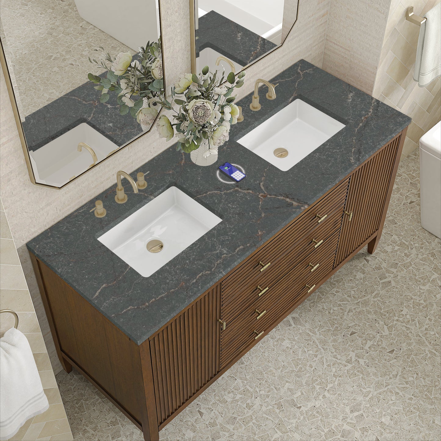
                  
                    Myrrin 60" Double Vanity in Mid-Century Walnut Double bathroom Vanity James Martin Vanities FreePower-Enabled Parisien Bleu Silestone 
                  
                