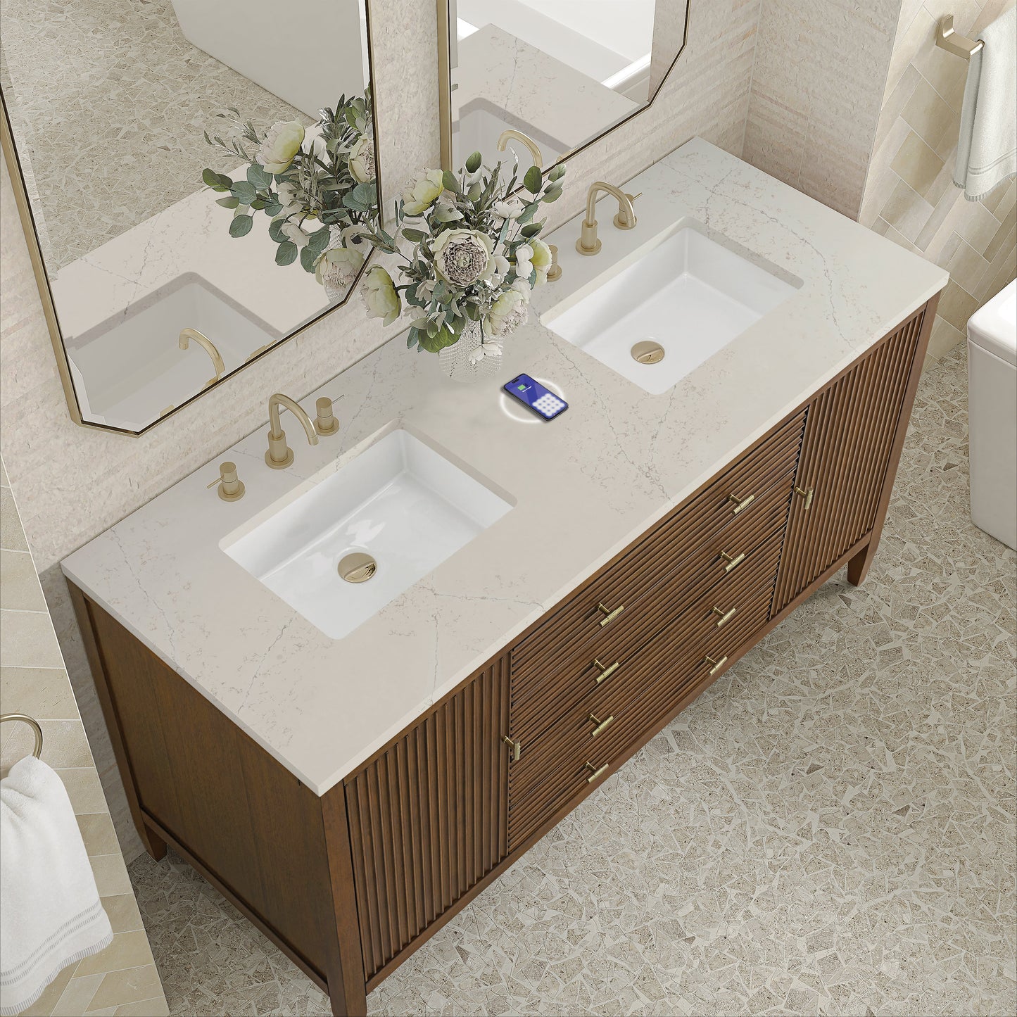 
                  
                    Myrrin 60" Double Vanity in Mid-Century Walnut Double bathroom Vanity James Martin Vanities FreePower-Enabled Siberian Silestone 
                  
                