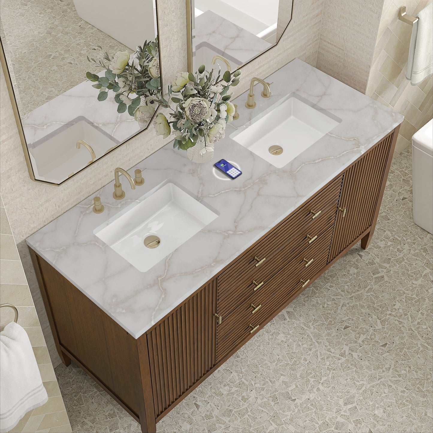 
                  
                    Myrrin 60" Double Vanity in Mid-Century Walnut Double bathroom Vanity James Martin Vanities FreePower-Enabled Victorian Silver Silestone 
                  
                
