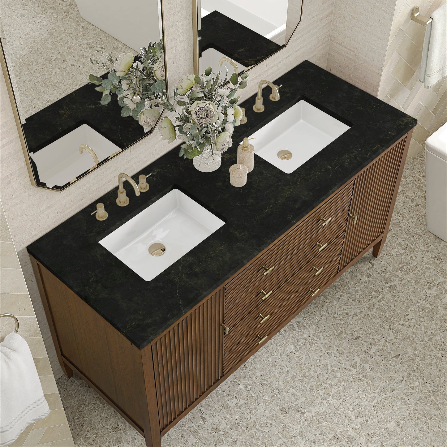 
                  
                    Myrrin 60" Double Vanity in Mid-Century Walnut Double bathroom Vanity James Martin Vanities Phantome Eclos 
                  
                