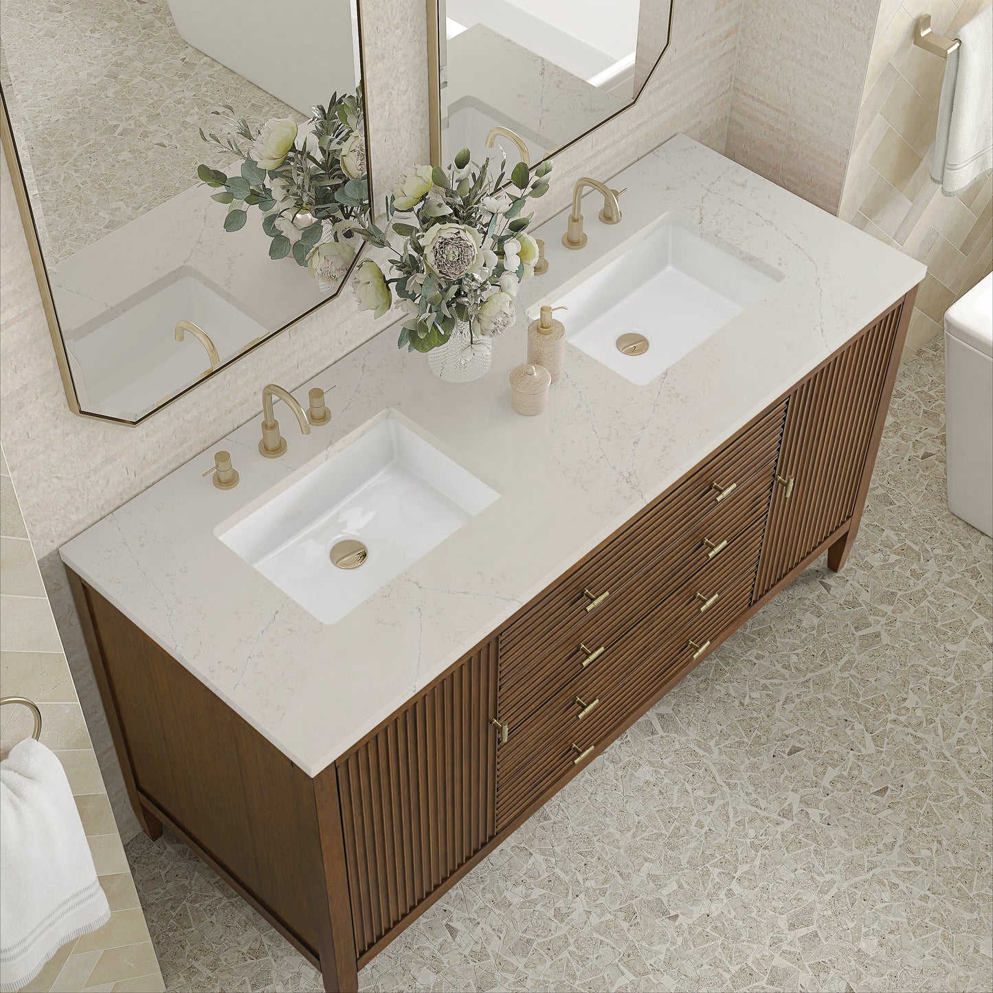 
                  
                    Myrrin 60" Double Vanity in Mid-Century Walnut Double bathroom Vanity James Martin Vanities Siberian Silestone 
                  
                
