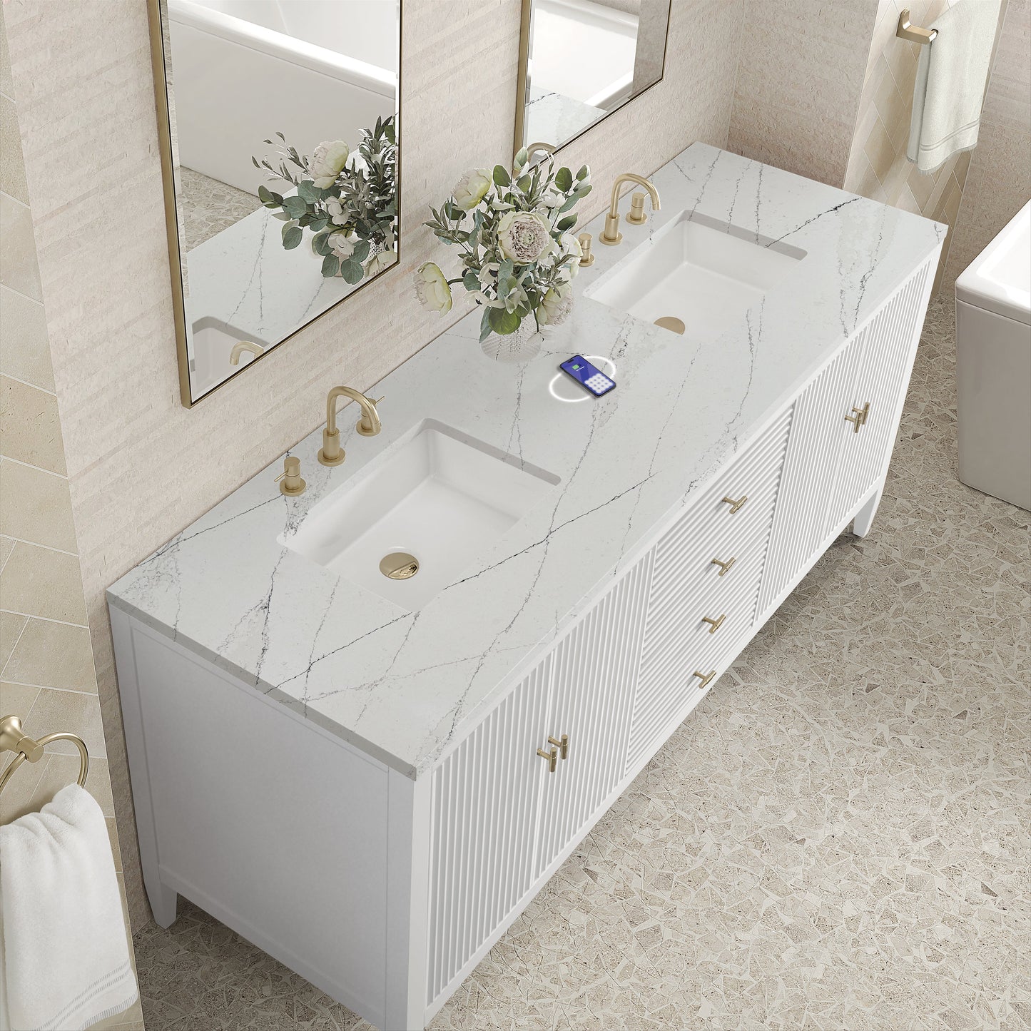 
                  
                    Myrrin 72" Double Vanity in Bright White Double bathroom Vanity James Martin Vanities FreePower-Enabled Ethereal Noctis Silestone 
                  
                