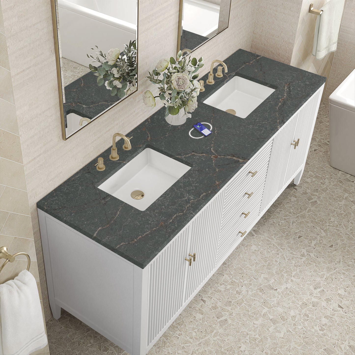 
                  
                    Myrrin 72" Double Vanity in Bright White Double bathroom Vanity James Martin Vanities FreePower-Enabled Parisien Bleu Silestone 
                  
                