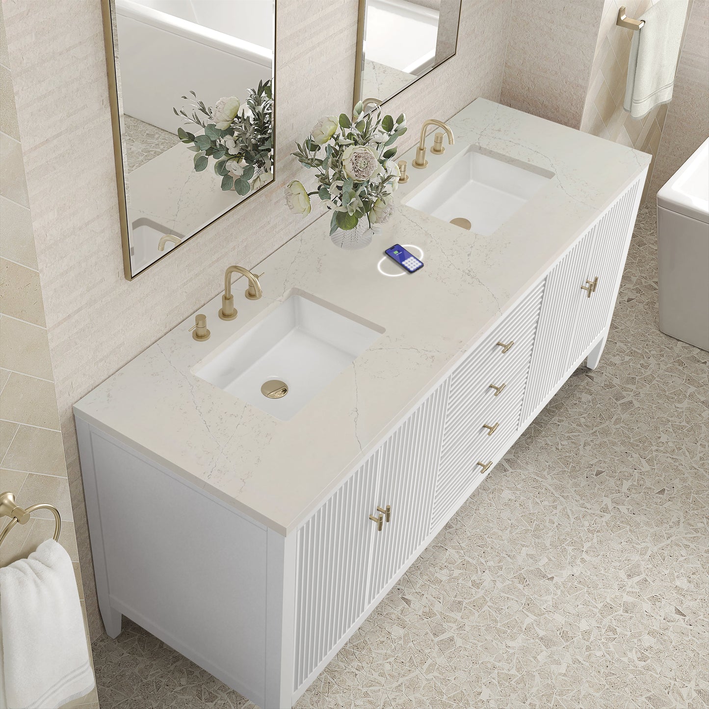 
                  
                    Myrrin 72" Double Vanity in Bright White Double bathroom Vanity James Martin Vanities FreePower-Enabled Siberian Silestone 
                  
                