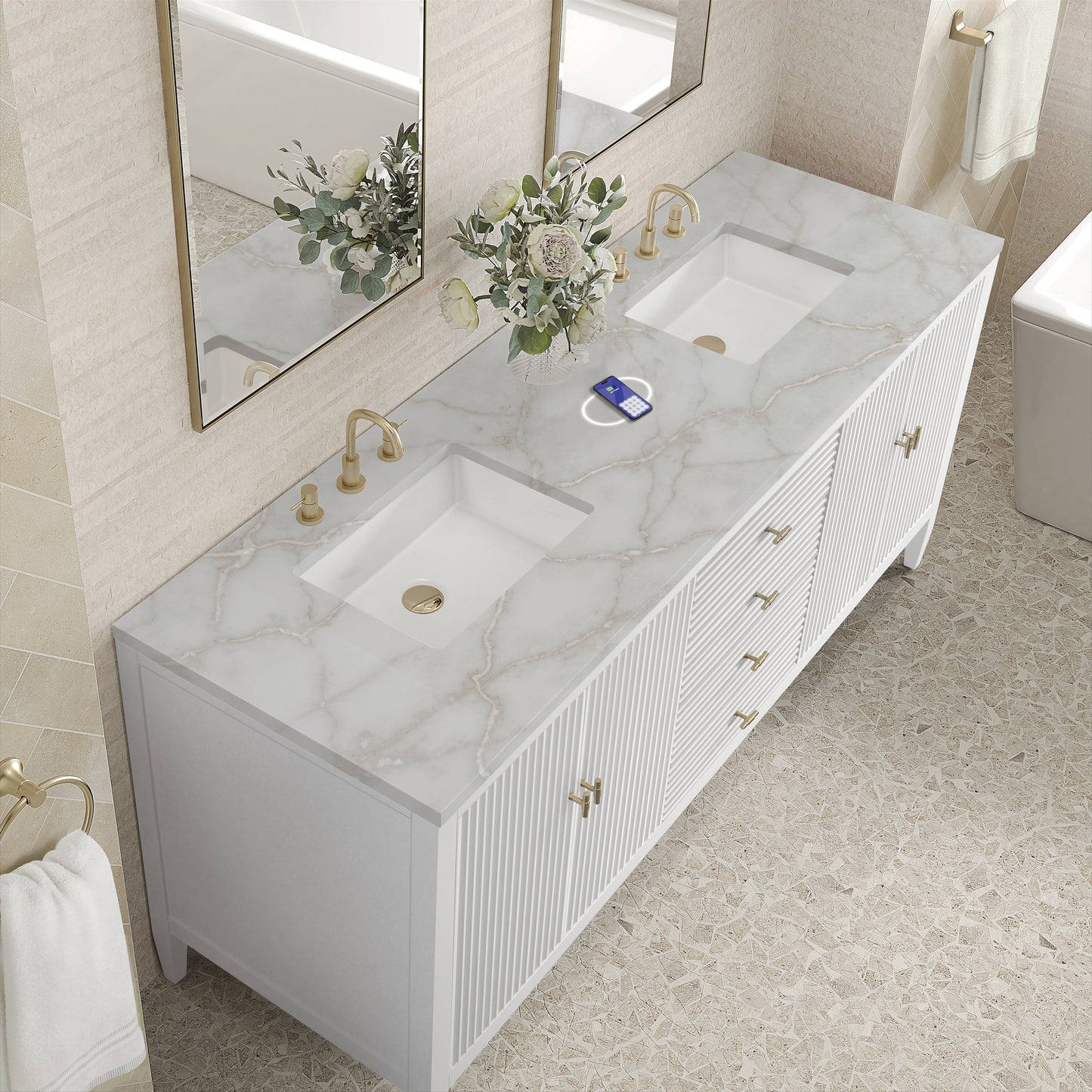 
                  
                    Myrrin 72" Double Vanity in Bright White Double bathroom Vanity James Martin Vanities FreePower-Enabled Victorian Silver Silestone 
                  
                