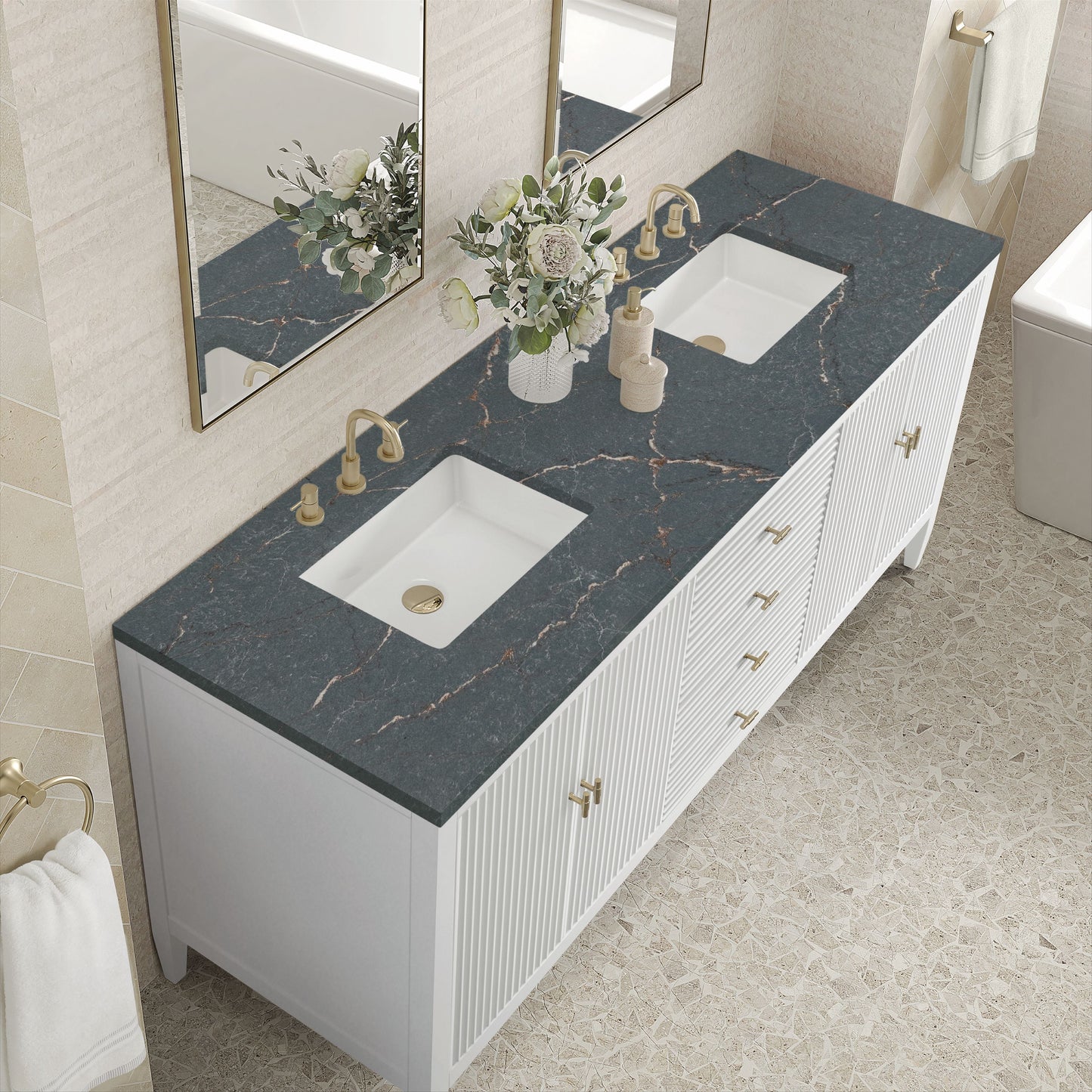 
                  
                    Myrrin 72" Double Vanity in Bright White Double bathroom Vanity James Martin Vanities Parisien Bleu Silestone 
                  
                