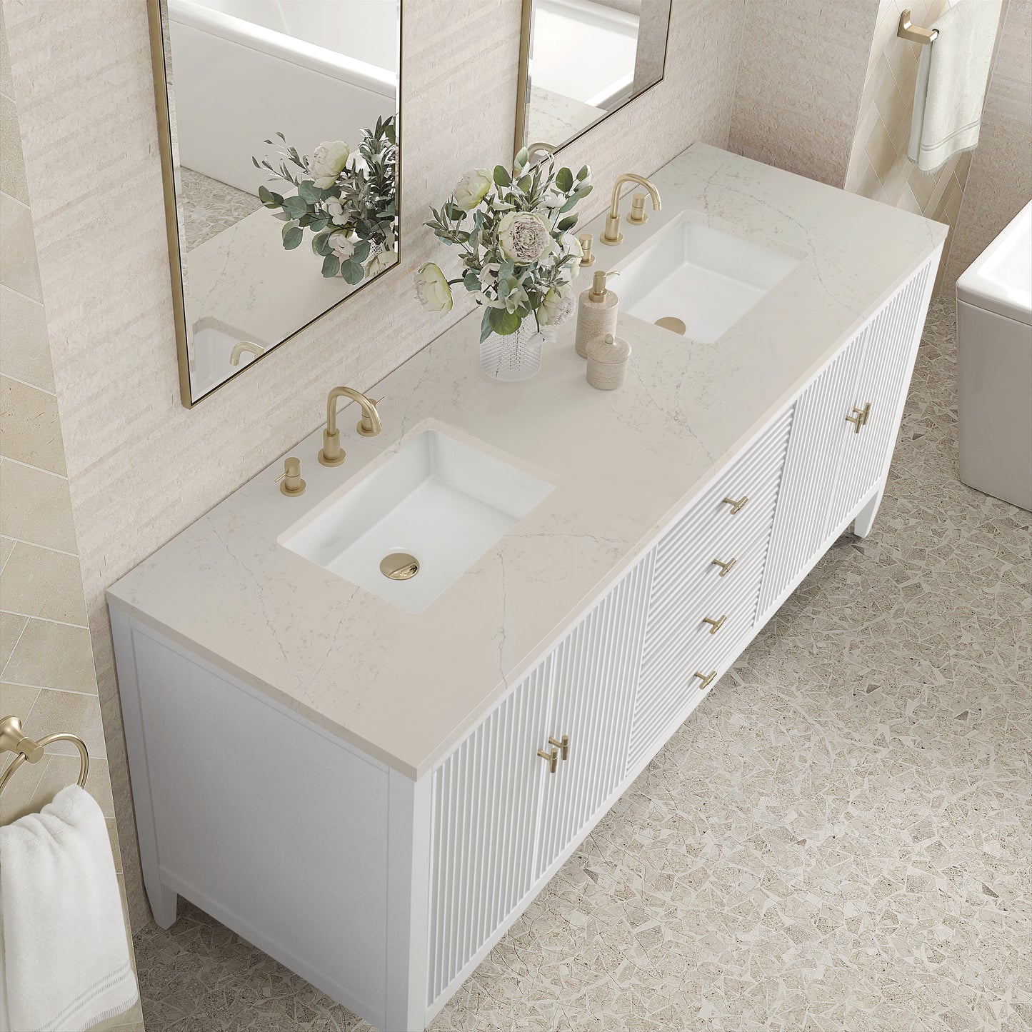 
                  
                    Myrrin 72" Double Vanity in Bright White Double bathroom Vanity James Martin Vanities Siberian Silestone 
                  
                