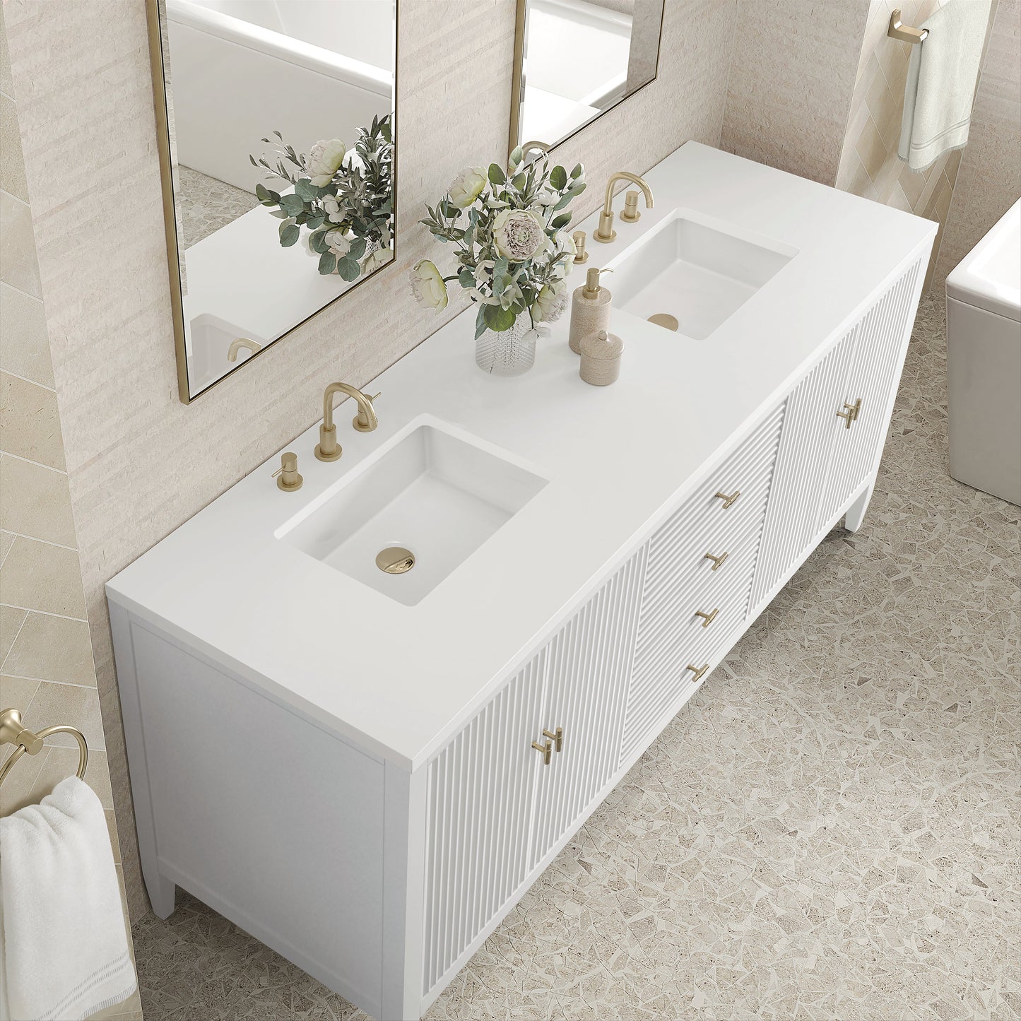 
                  
                    Myrrin 72" Double Vanity in Bright White Double bathroom Vanity James Martin Vanities White Zeus Silestone 
                  
                