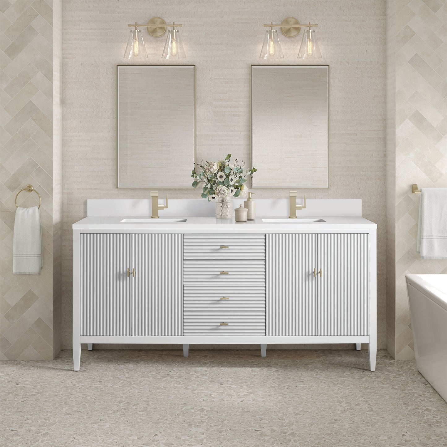 
                  
                    Myrrin 72" Double Vanity in Bright White Double bathroom Vanity James Martin Vanities White Zeus Single Faucet Silestone Top with Backsplash 
                  
                