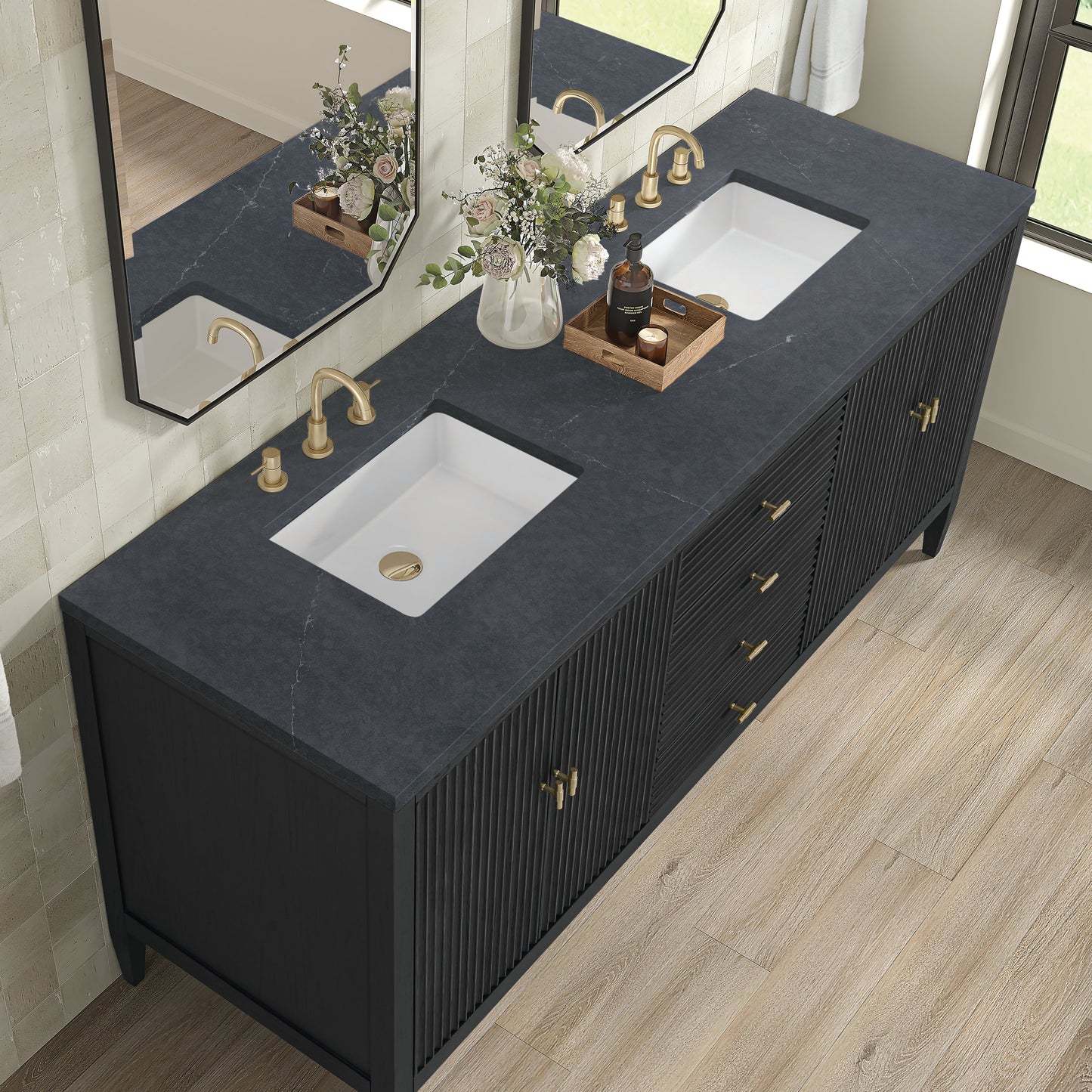 
                  
                    Myrrin 72" Double Vanity in Carbon Oak Double bathroom Vanity James Martin Vanities Charcoal Soapstone Silestone 
                  
                