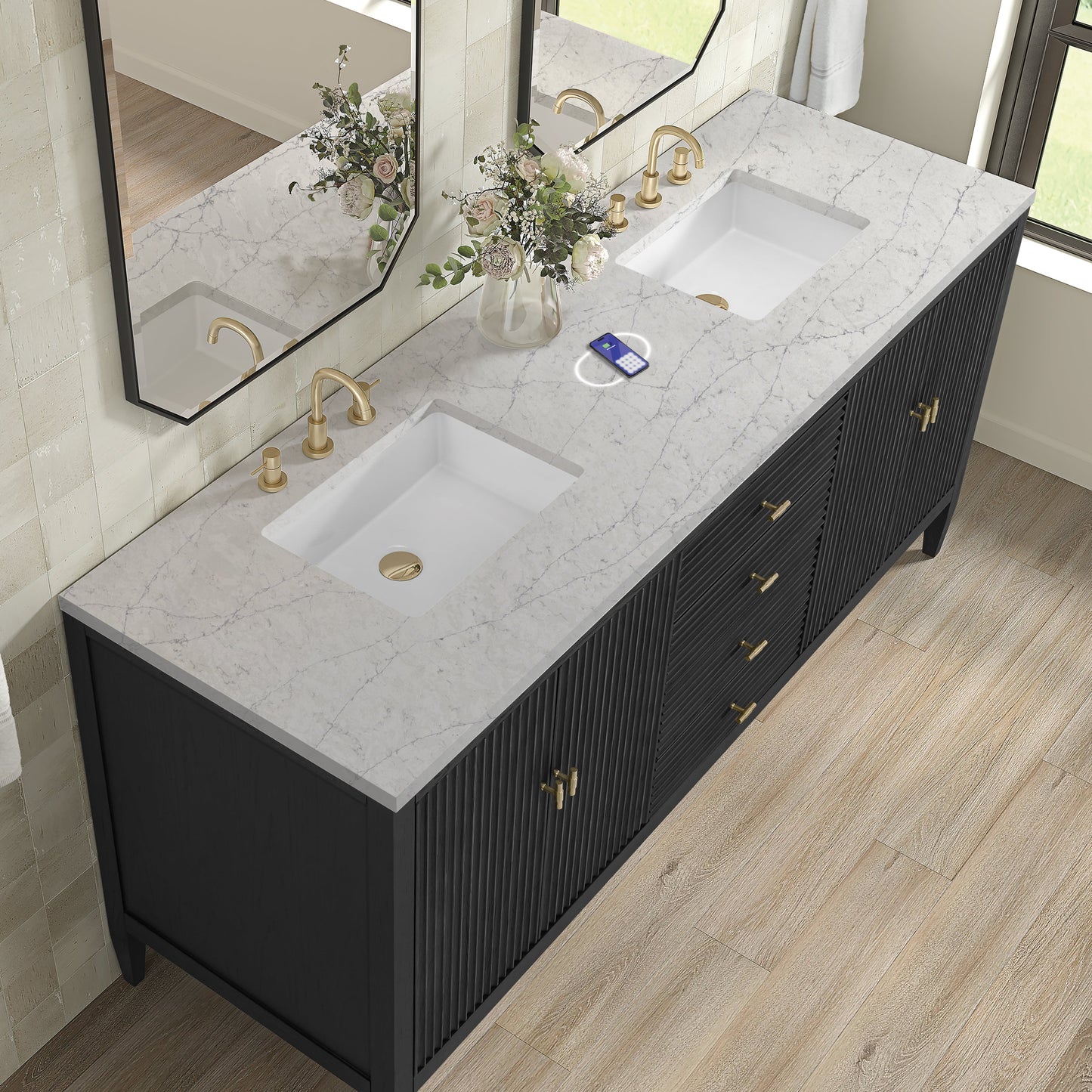 
                  
                    Myrrin 72" Double Vanity in Carbon Oak Double bathroom Vanity James Martin Vanities FreePower-Enabled Eternal Jasmine Pearl Silestone 
                  
                