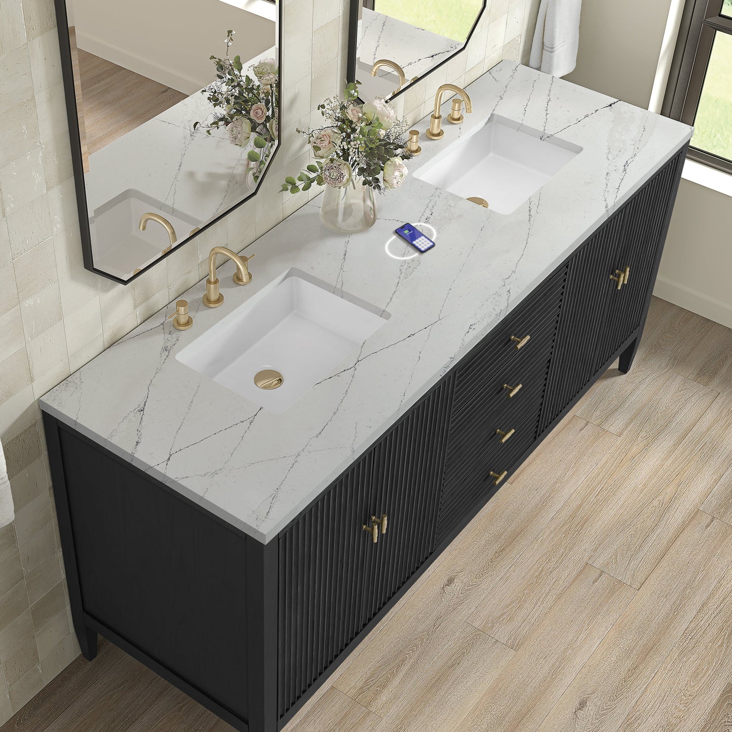 
                  
                    Myrrin 72" Double Vanity in Carbon Oak Double bathroom Vanity James Martin Vanities FreePower-Enabled Ethereal Noctis Silestone 
                  
                