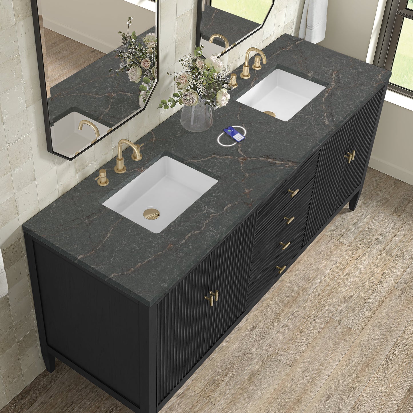
                  
                    Myrrin 72" Double Vanity in Carbon Oak Double bathroom Vanity James Martin Vanities FreePower-Enabled Parisien Bleu Silestone 
                  
                
