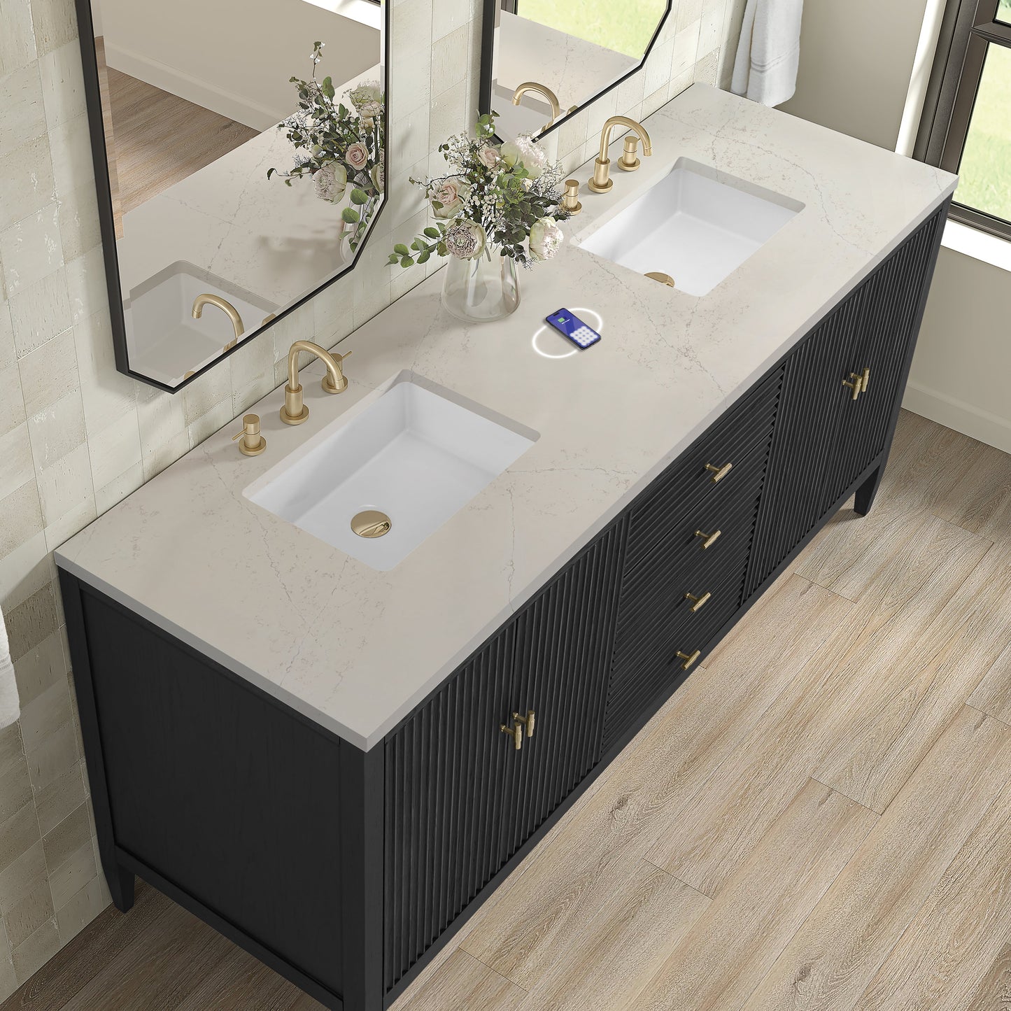 
                  
                    Myrrin 72" Double Vanity in Carbon Oak Double bathroom Vanity James Martin Vanities FreePower-Enabled Siberian Silestone 
                  
                