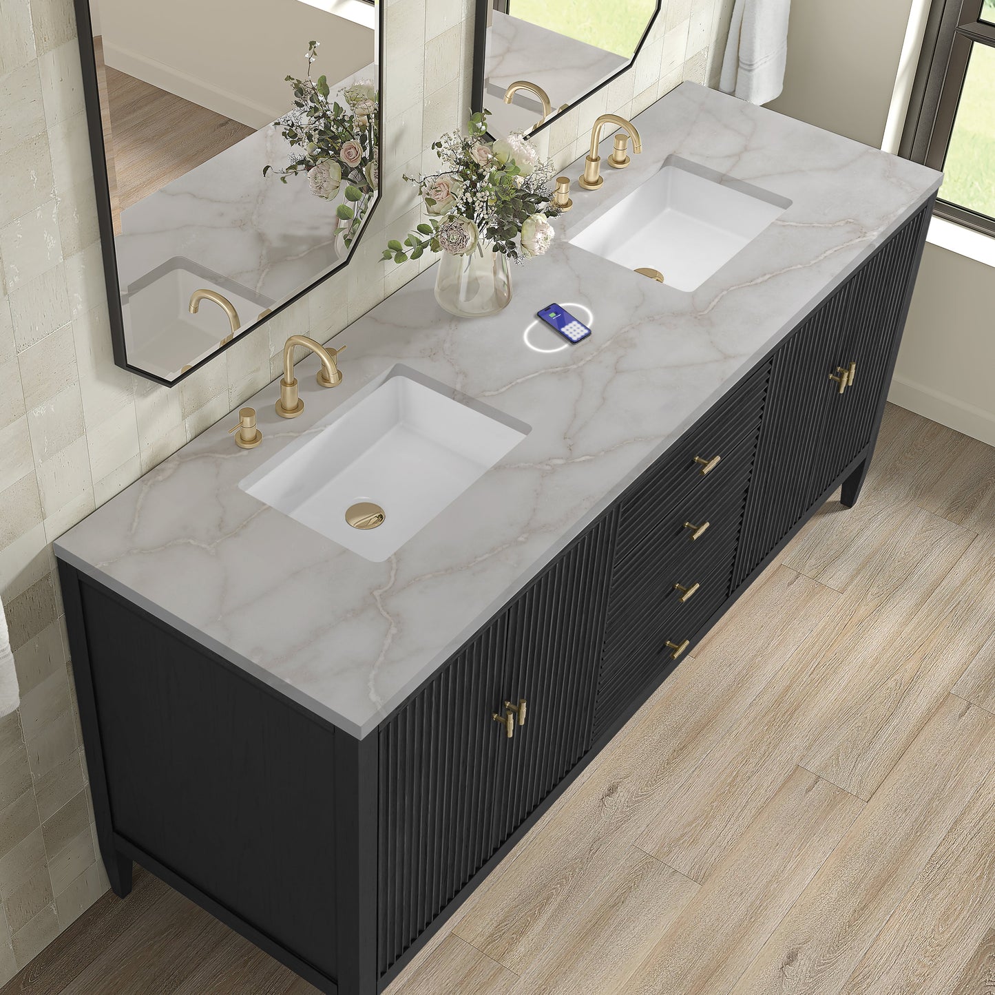 
                  
                    Myrrin 72" Double Vanity in Carbon Oak Double bathroom Vanity James Martin Vanities FreePower-Enabled Victorian Silver Silestone 
                  
                