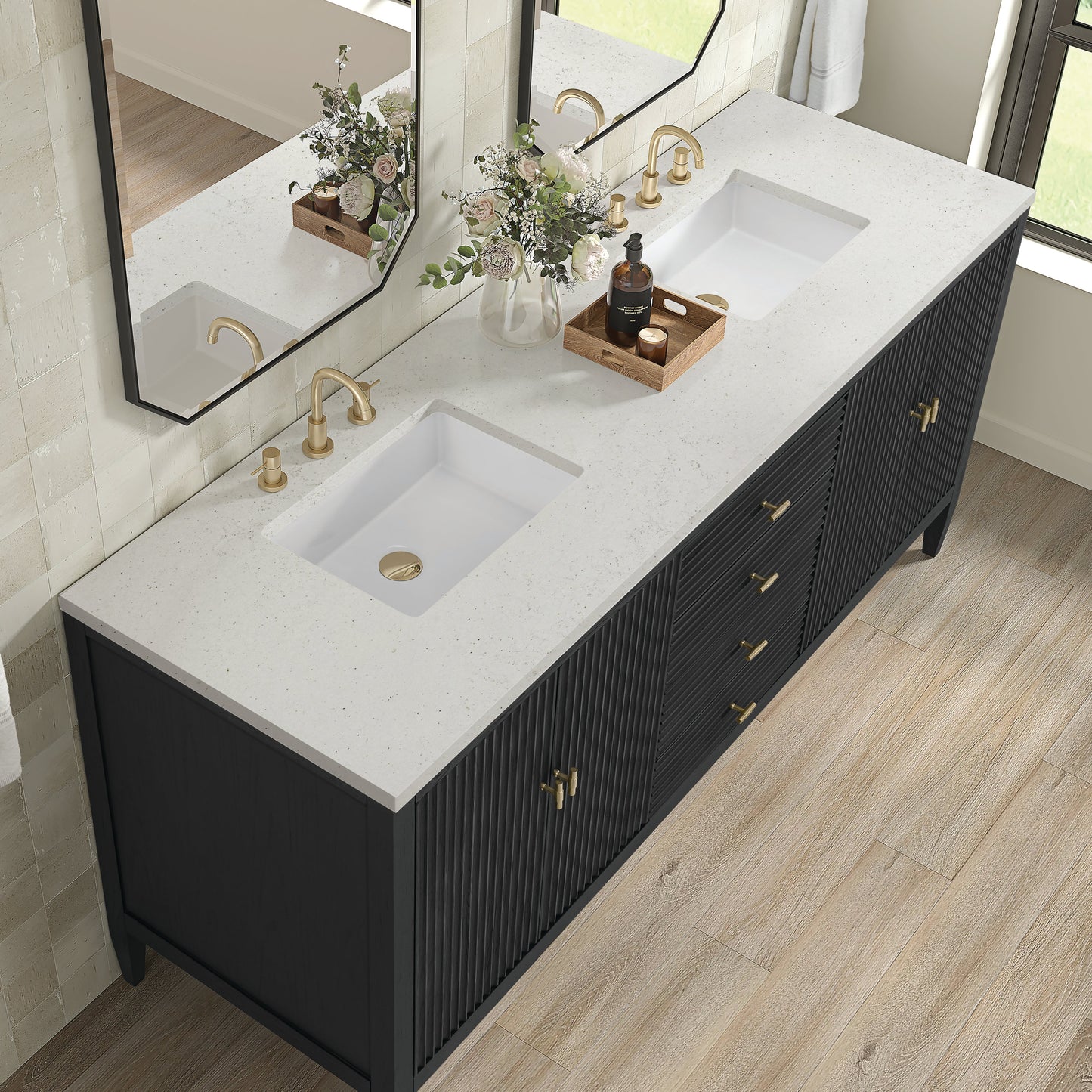 
                  
                    Myrrin 72" Double Vanity in Carbon Oak Double bathroom Vanity James Martin Vanities Lime Delight Silestone 
                  
                