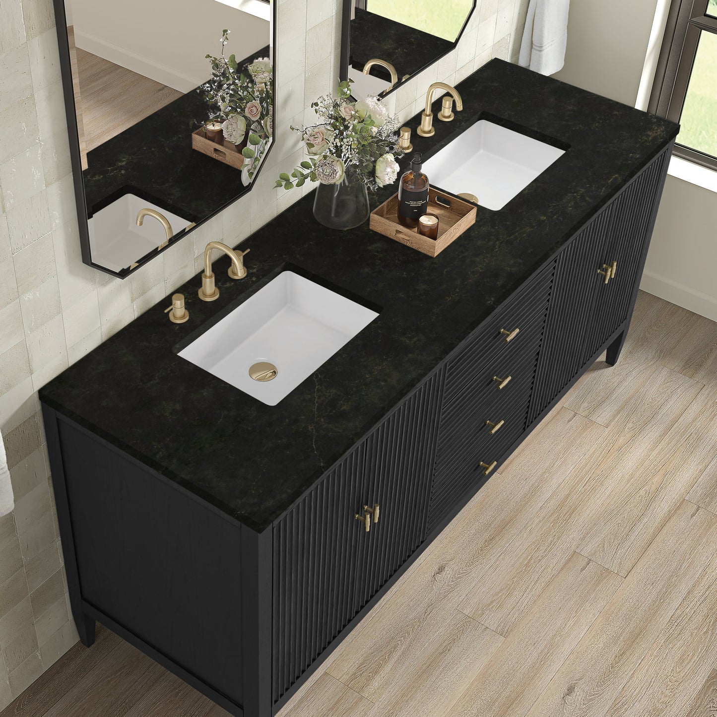 
                  
                    Myrrin 72" Double Vanity in Carbon Oak Double bathroom Vanity James Martin Vanities Phantome Eclos 
                  
                