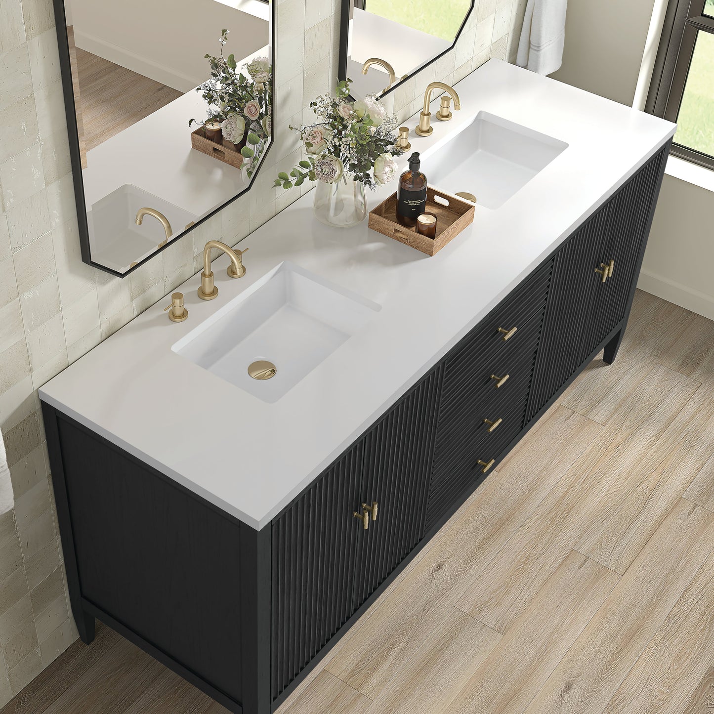 
                  
                    Myrrin 72" Double Vanity in Carbon Oak Double bathroom Vanity James Martin Vanities White Zeus Silestone 
                  
                