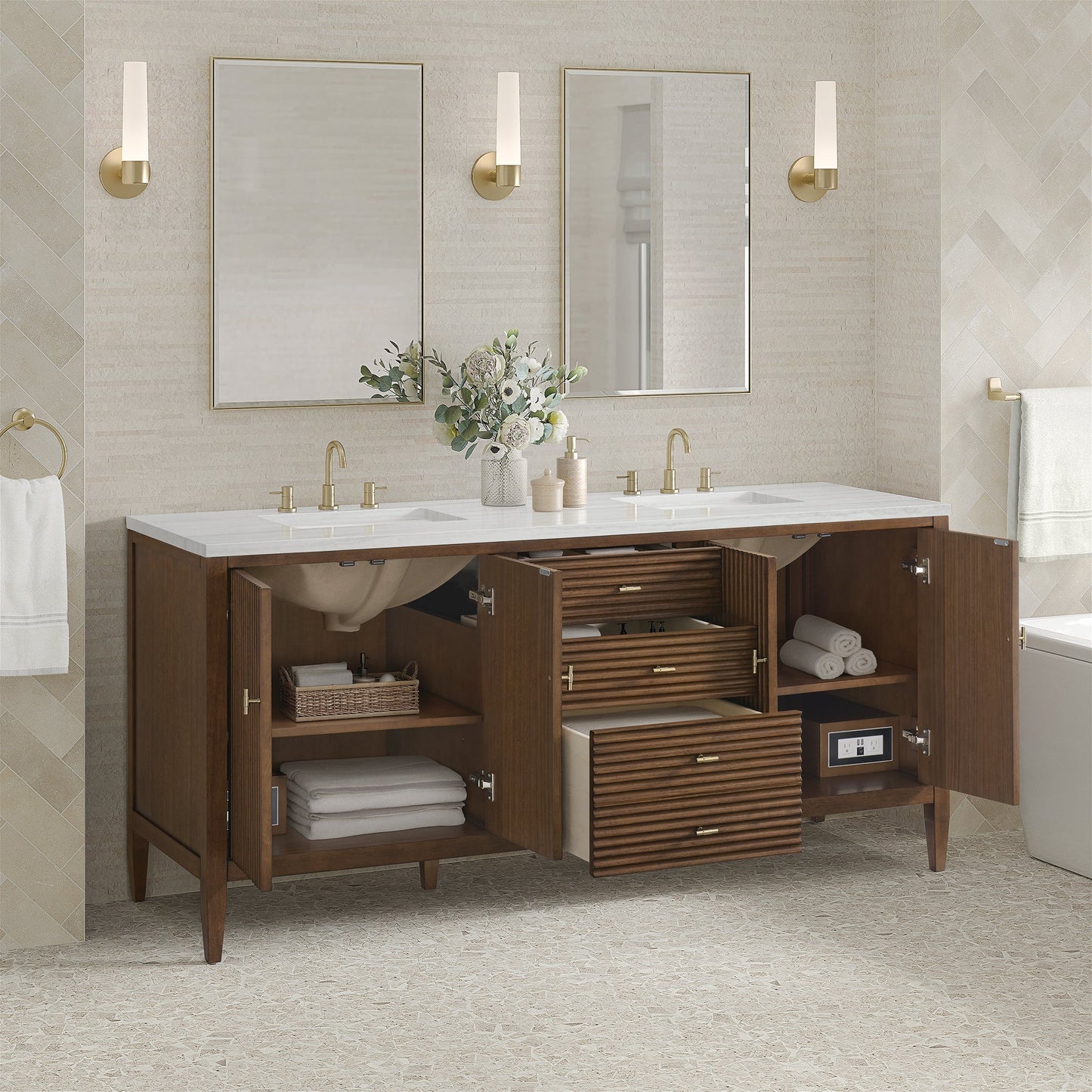 
                  
                    Myrrin 72" Double Vanity in Mid-Century Walnut Double bathroom Vanity James Martin Vanities 
                  
                