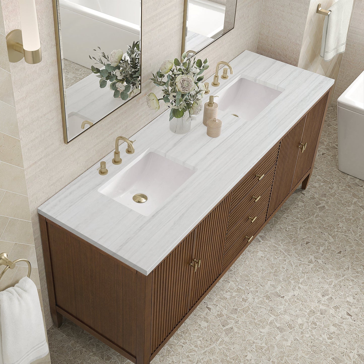 
                  
                    Myrrin 72" Double Vanity in Mid-Century Walnut Double bathroom Vanity James Martin Vanities Arctic Fall solid surface 
                  
                