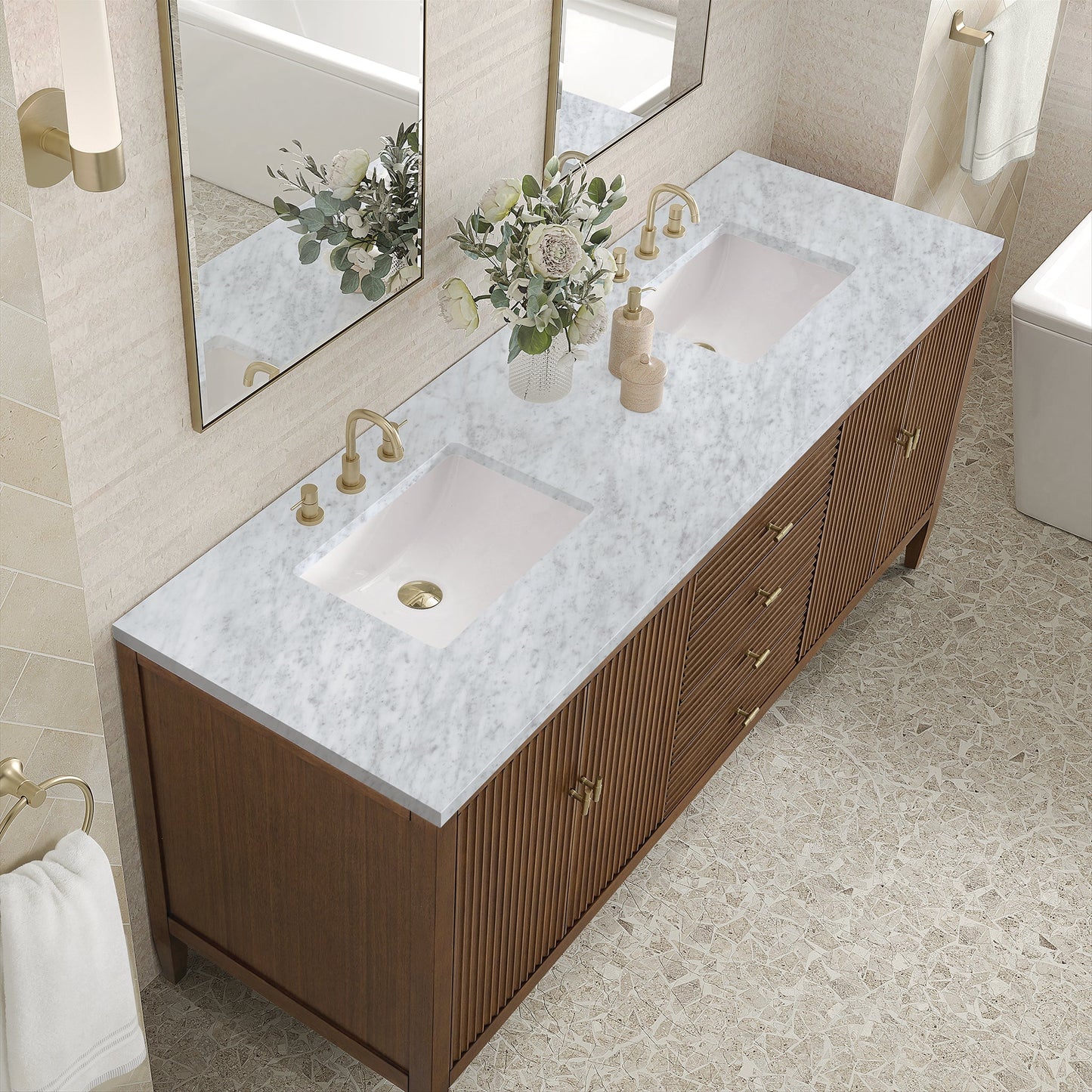 
                  
                    Myrrin 72" Double Vanity in Mid-Century Walnut Double bathroom Vanity James Martin Vanities Carrara White Marble 
                  
                