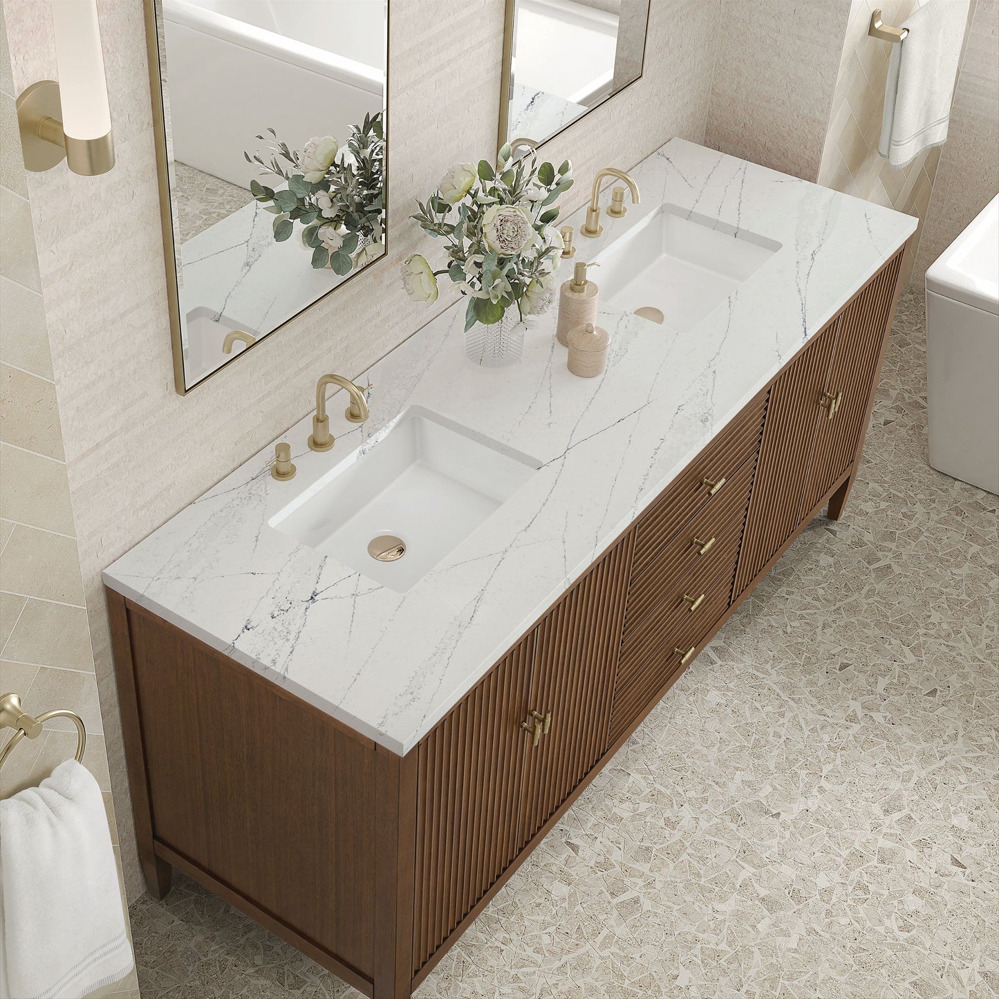 
                  
                    Myrrin 72" Double Vanity in Mid-Century Walnut Double bathroom Vanity James Martin Vanities Ethereal Noctis Silestone 
                  
                
